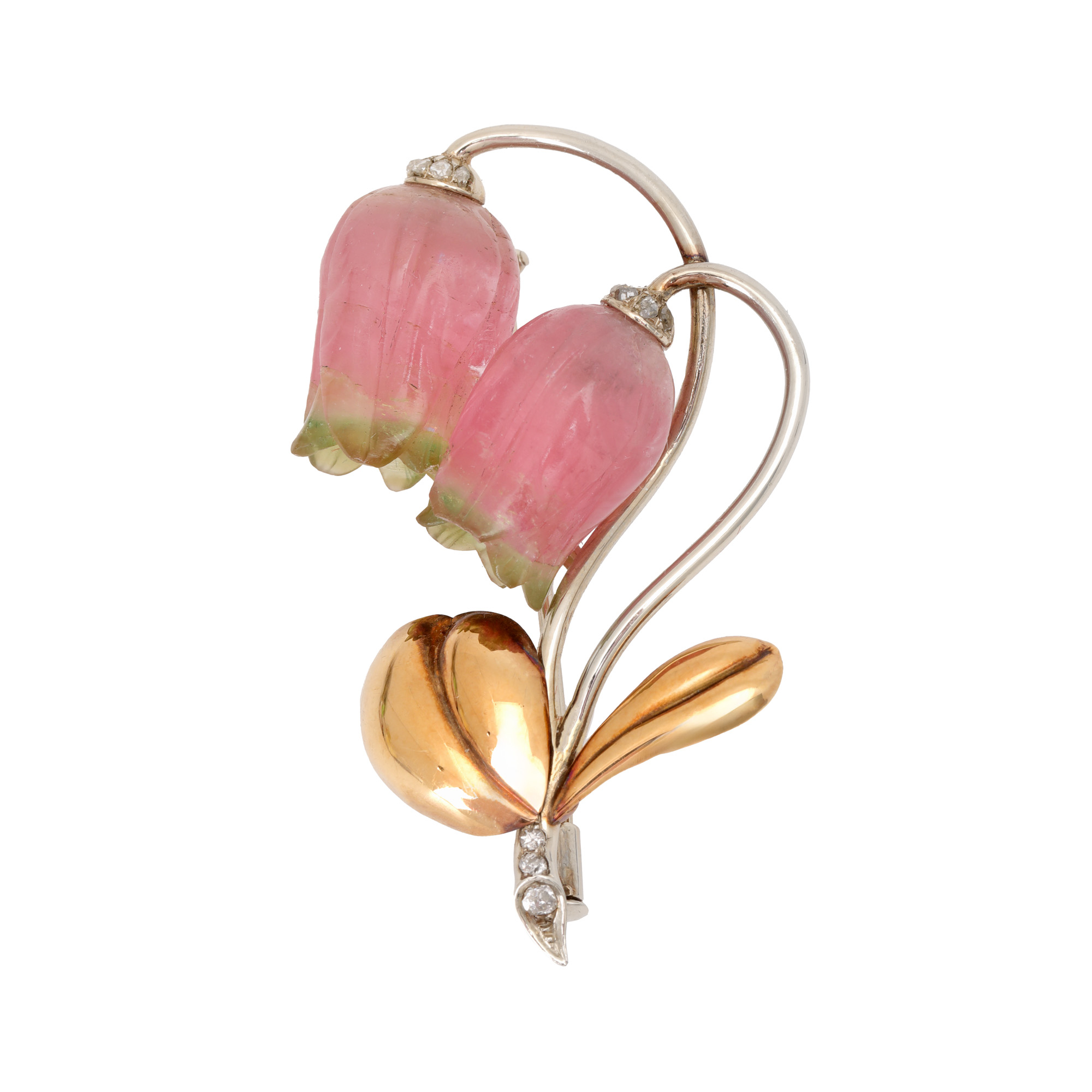 Bicolor gold brooch, in the shape of bells, decorated with carved tourmaline and diamonds