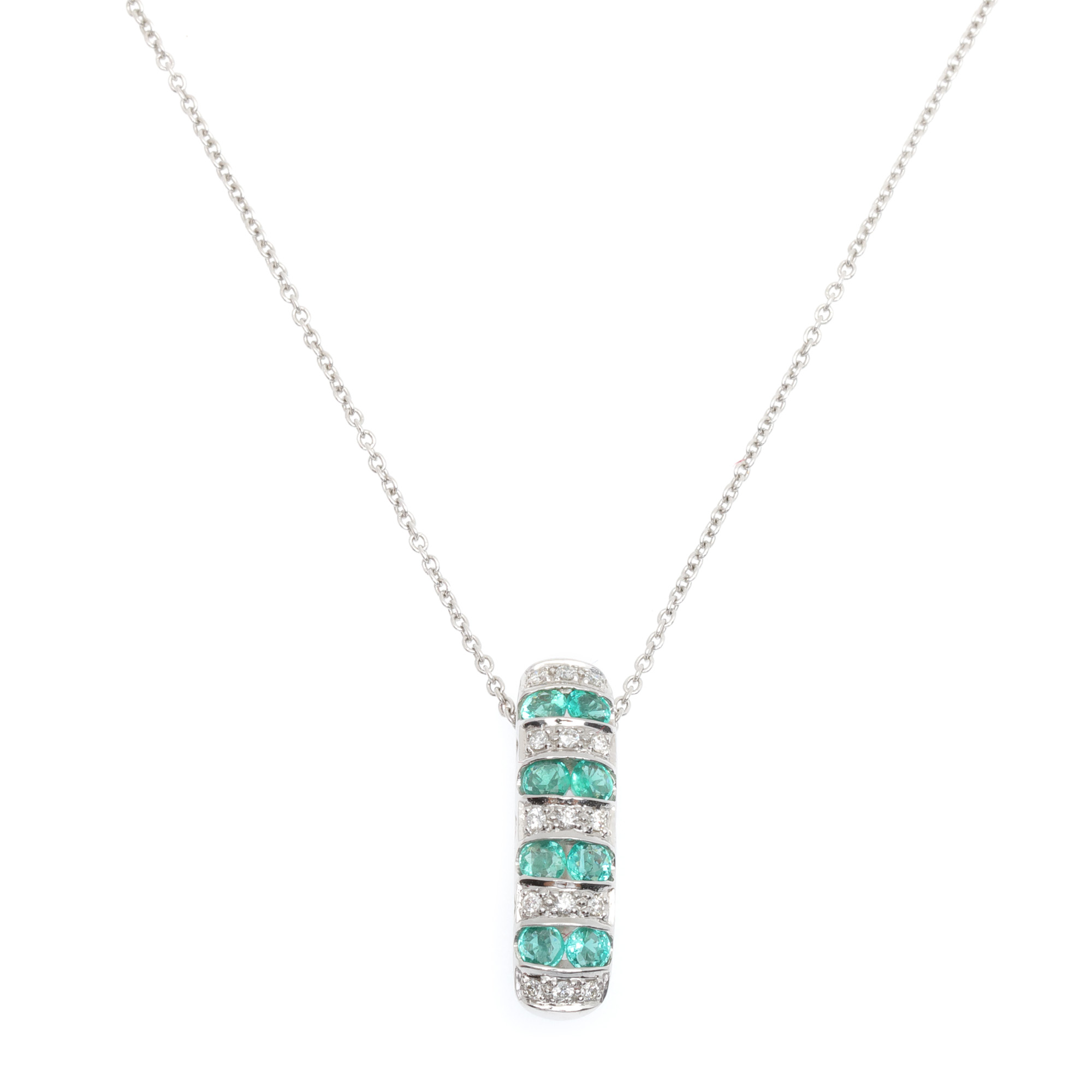 White gold chain with pendant, decorated with emeralds and diamonds