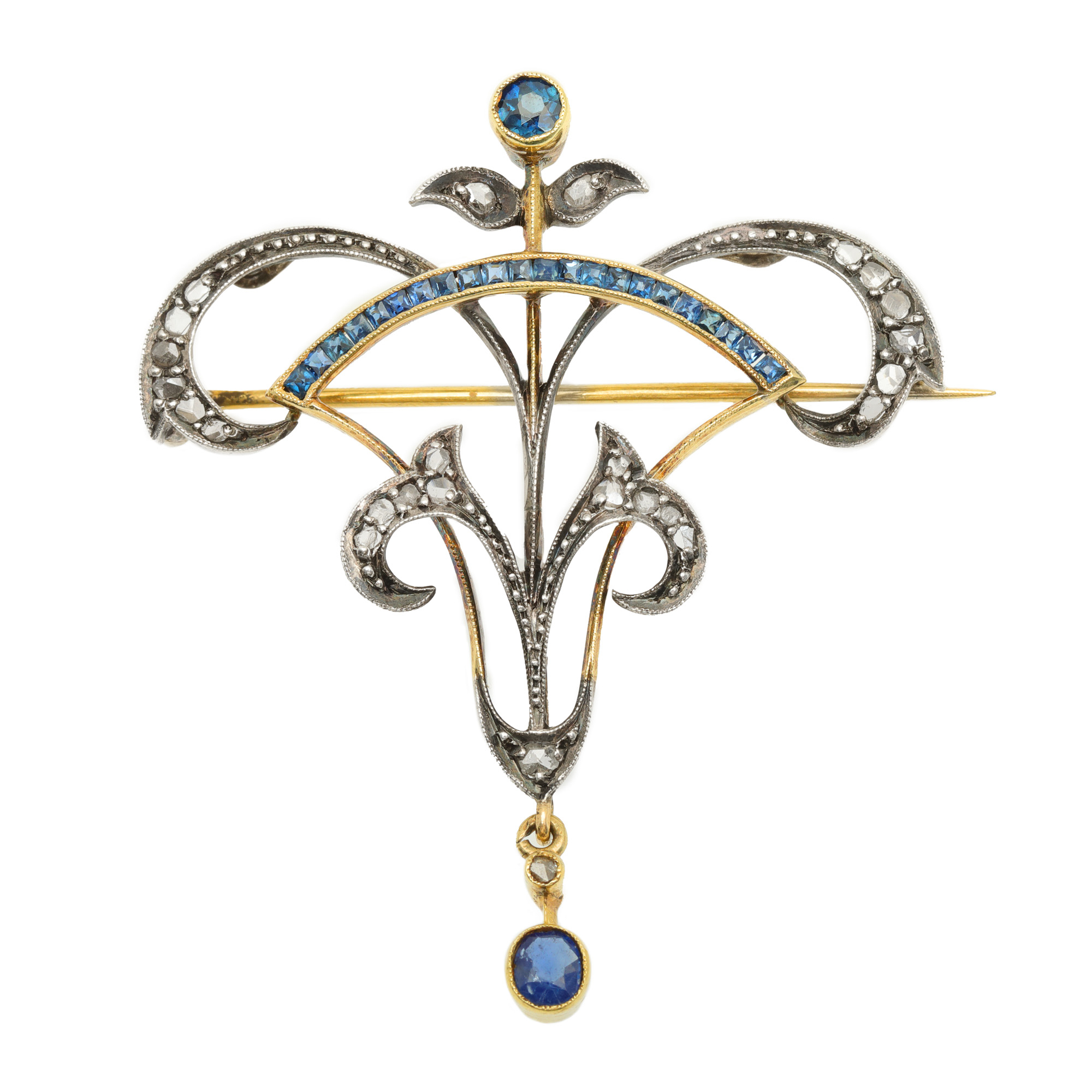 Broșă Art Deco din aur și argint, decorată cu safire și diamante, cca. 1910