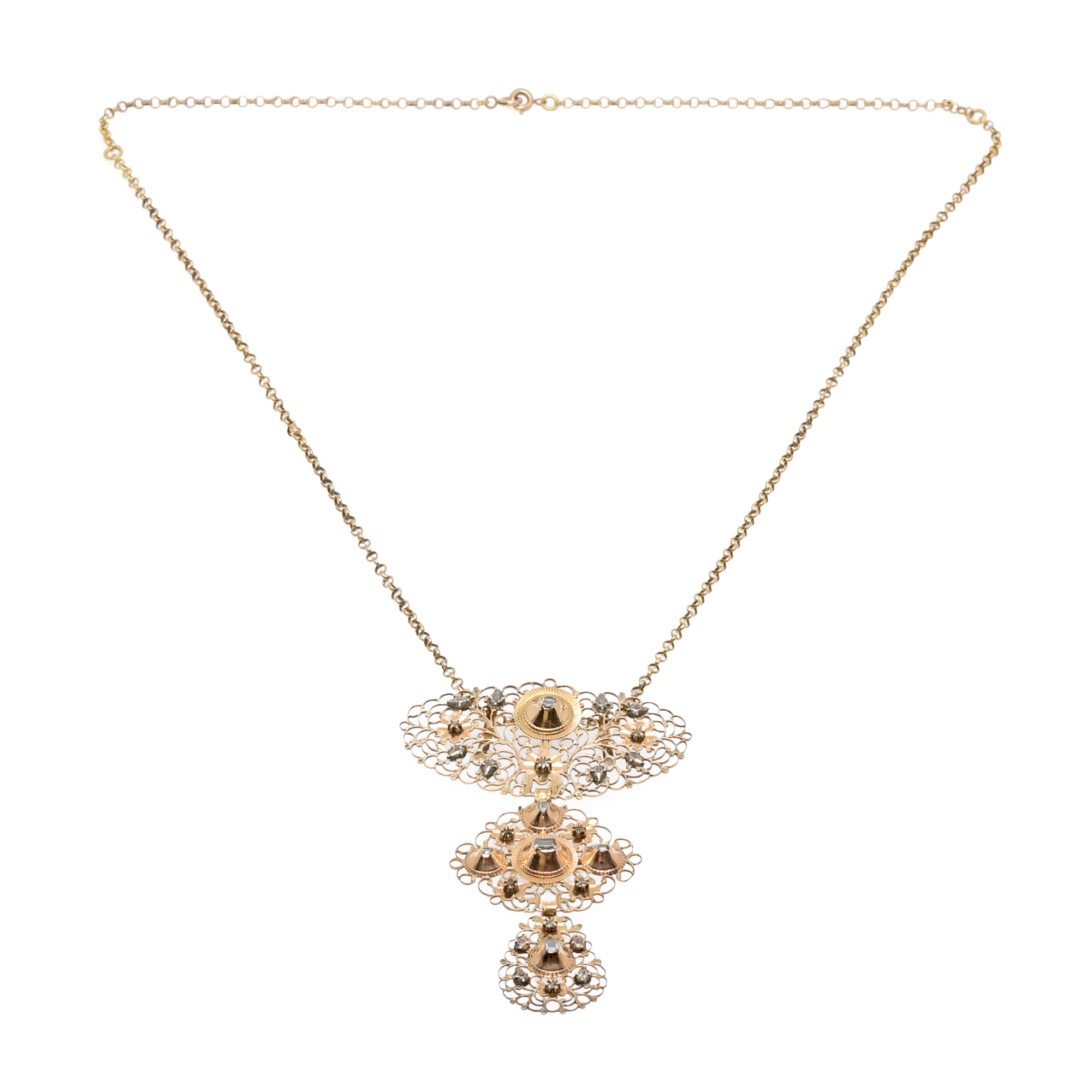 Elegant gold necklace in Biedermeier style, decorated with diamonds, circa 1800