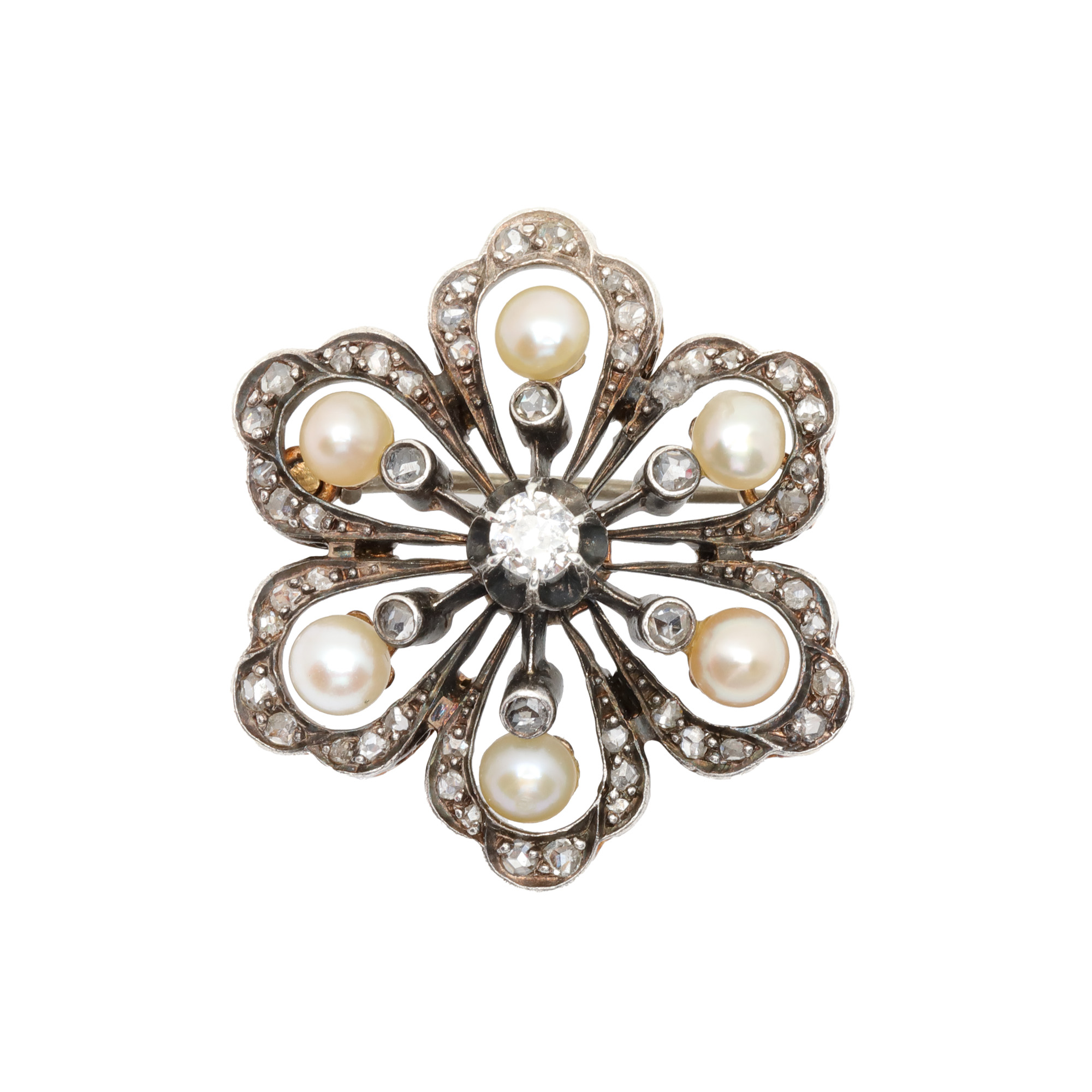 Gold and Silver Brooch in the Shape of a Flower, Decorated with Pearls and Diamonds