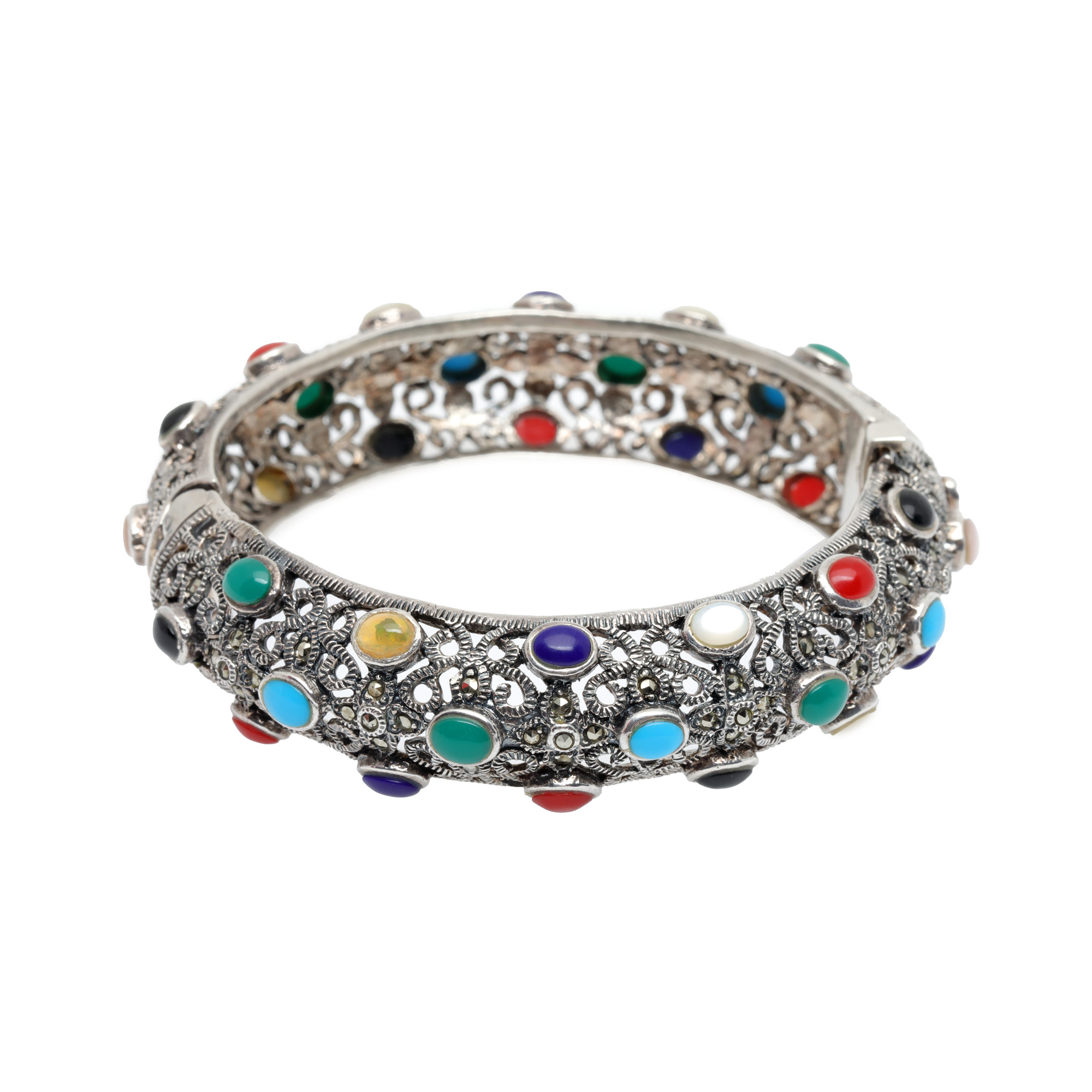 Brățară masivă din argint, decorată cu marcasite și sidef
