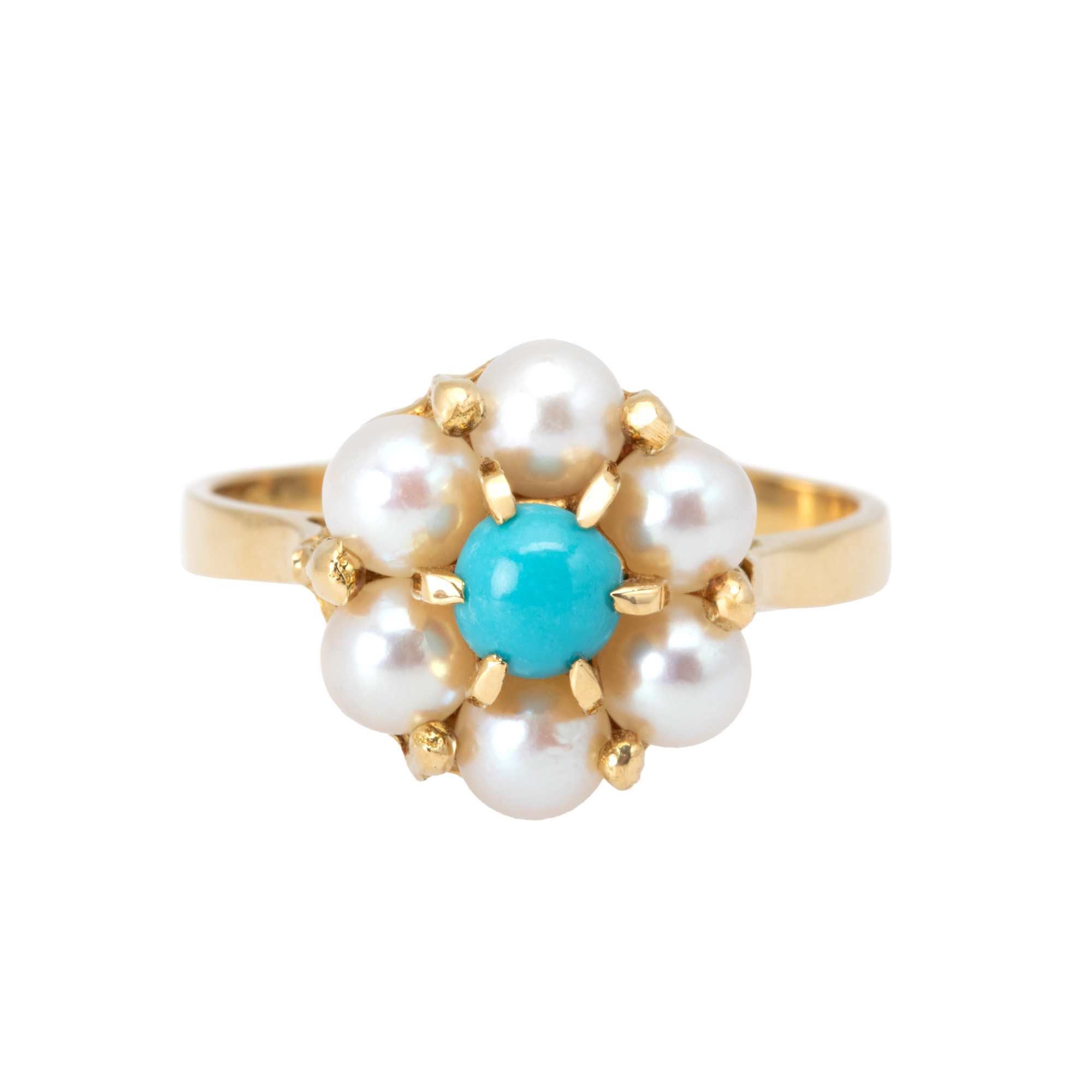 Gold ring, decorated with turquoise, surrounded by pearls
