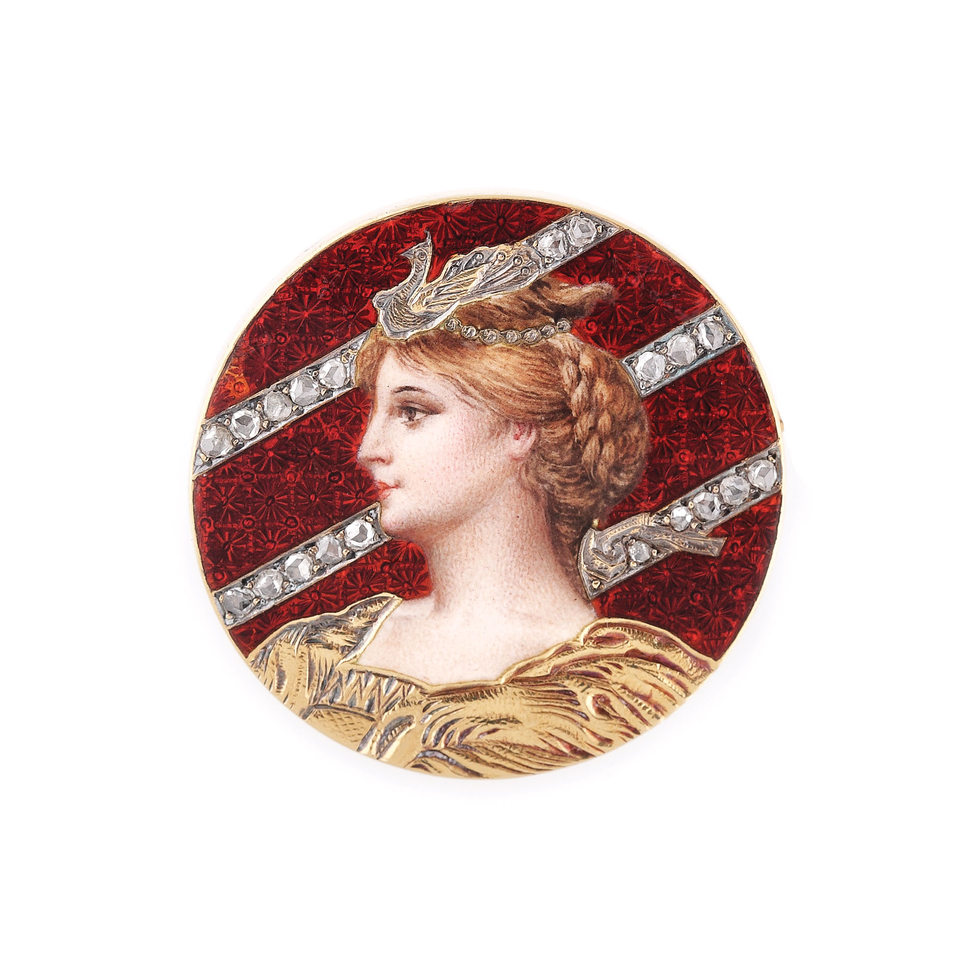 Broșă Golay Fils & Stahl, în stil Victorian, din aur, decorată cu diamante și email, cca. 1880, piesă de colecție