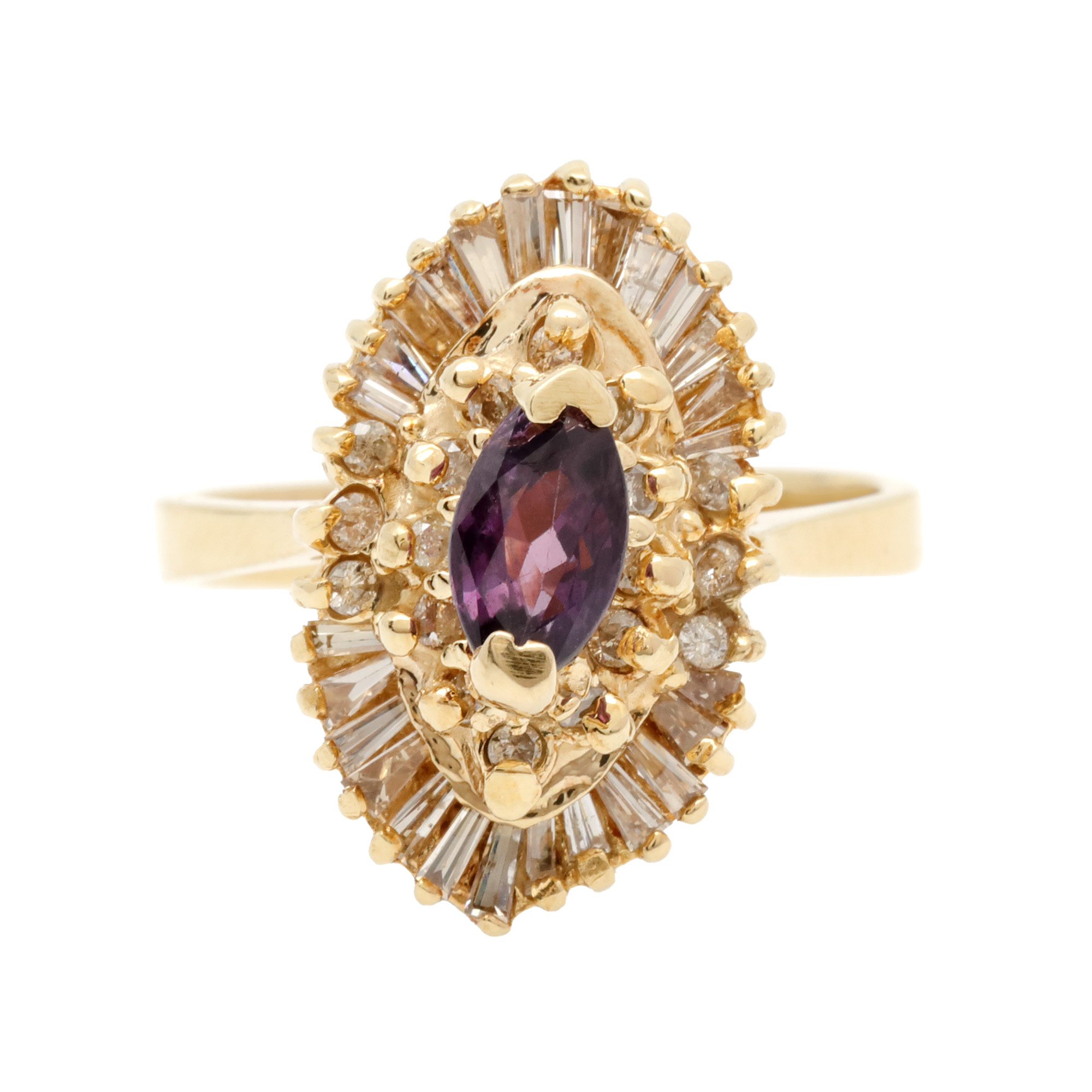 Gold ring, decorated with a central violet sapphire, surrounded by diamonds