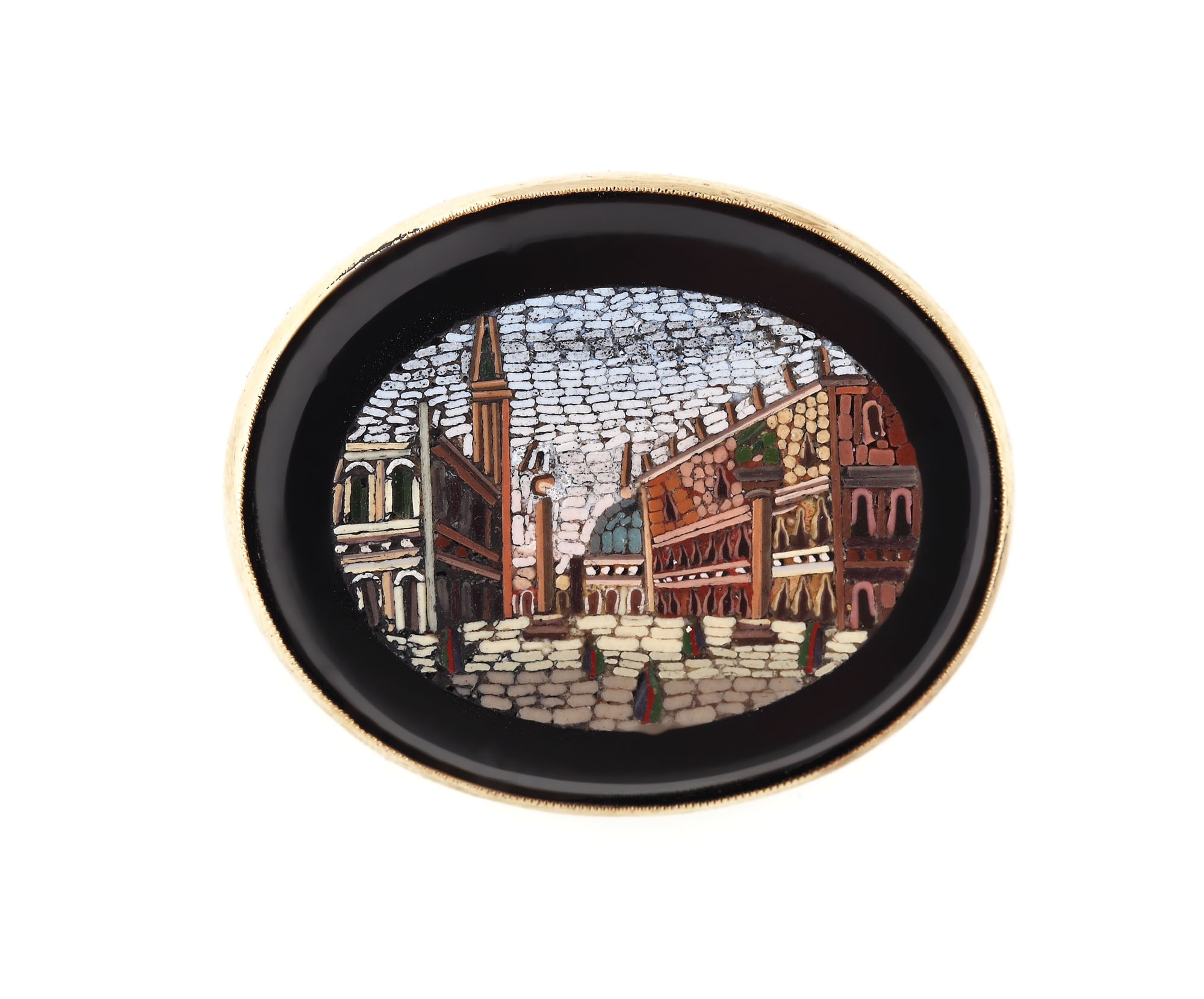 Rare gold set consisting of a brooch and a pair of earrings, decorated with micromosaic, second half of the 19th century, collectible