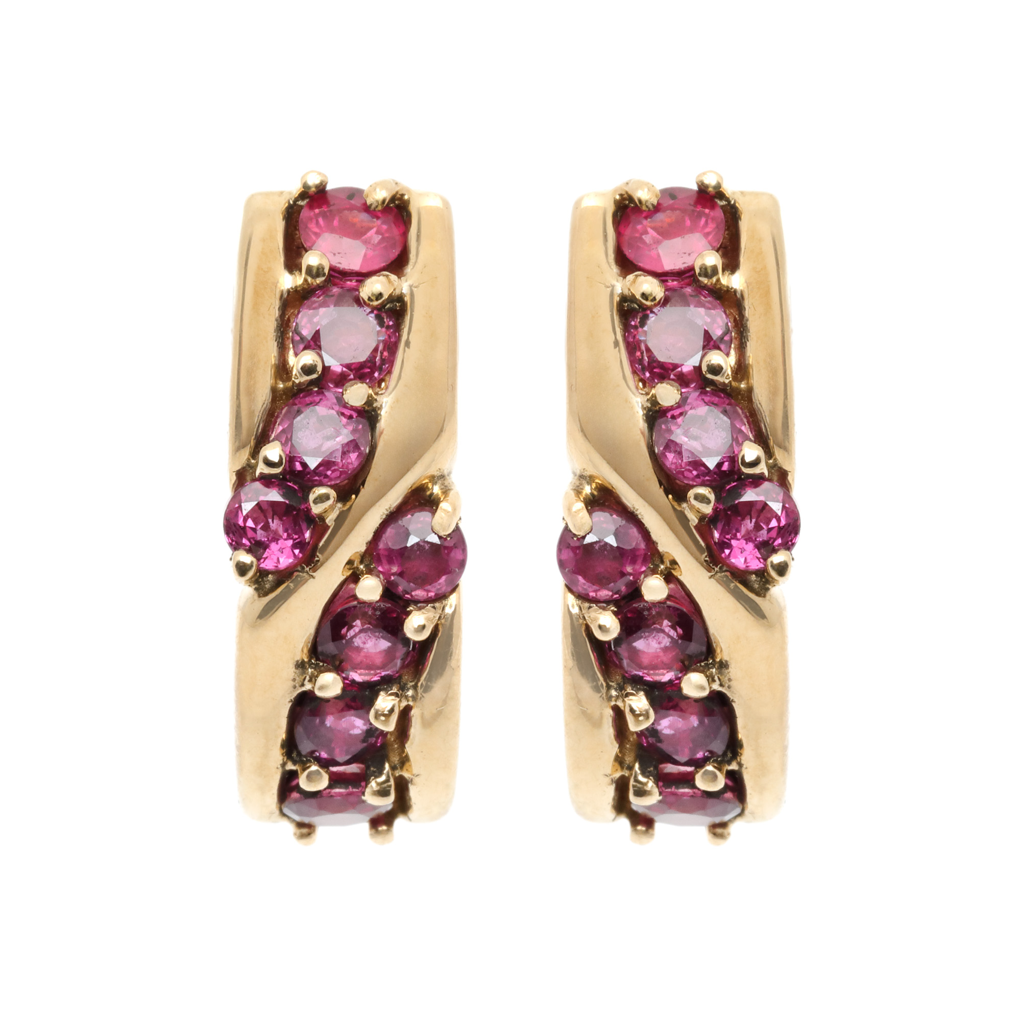 Pair of gold earrings, decorated with rubies