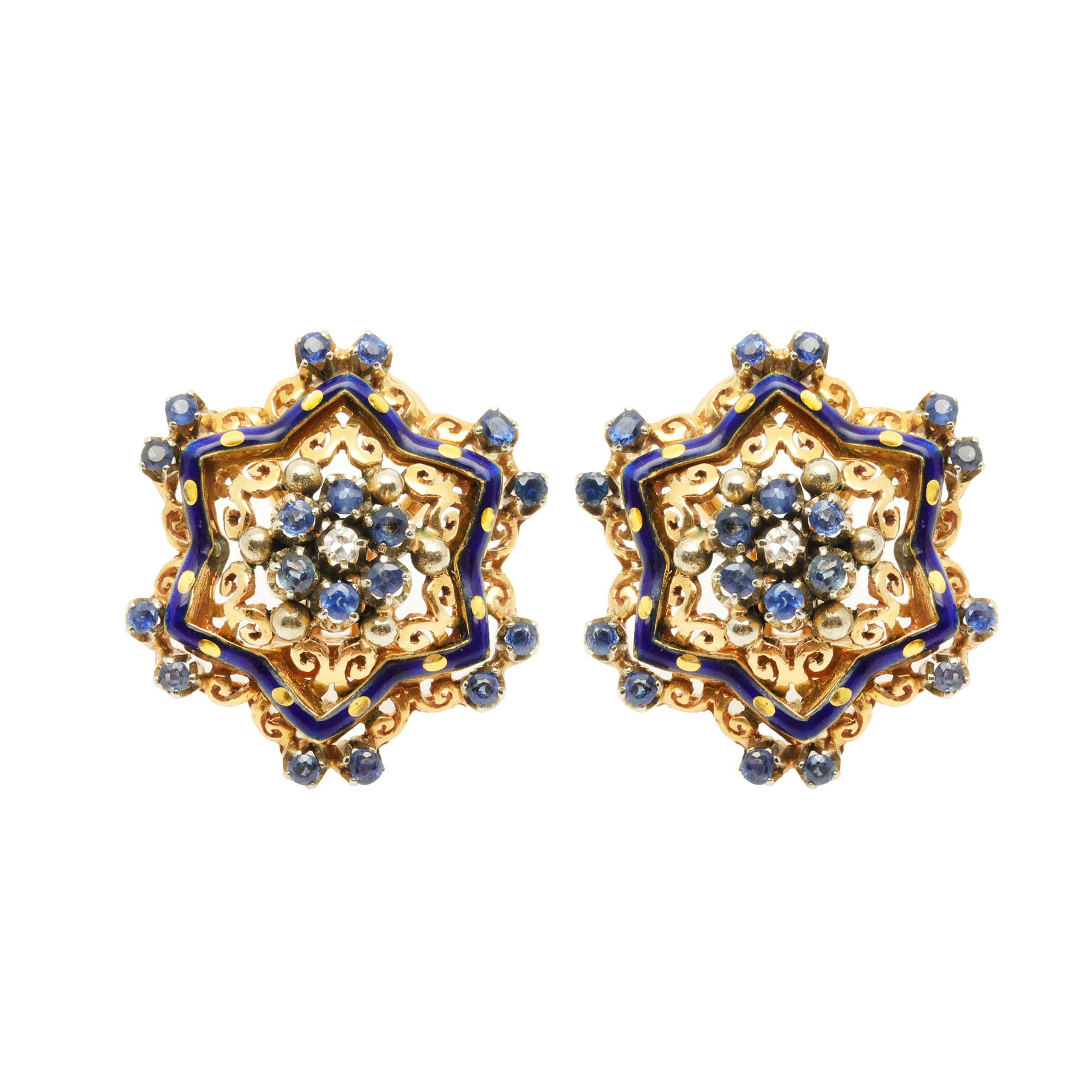 Pair of bicolor gold earrings, decorated with diamonds, sapphires and enamel, rare piece