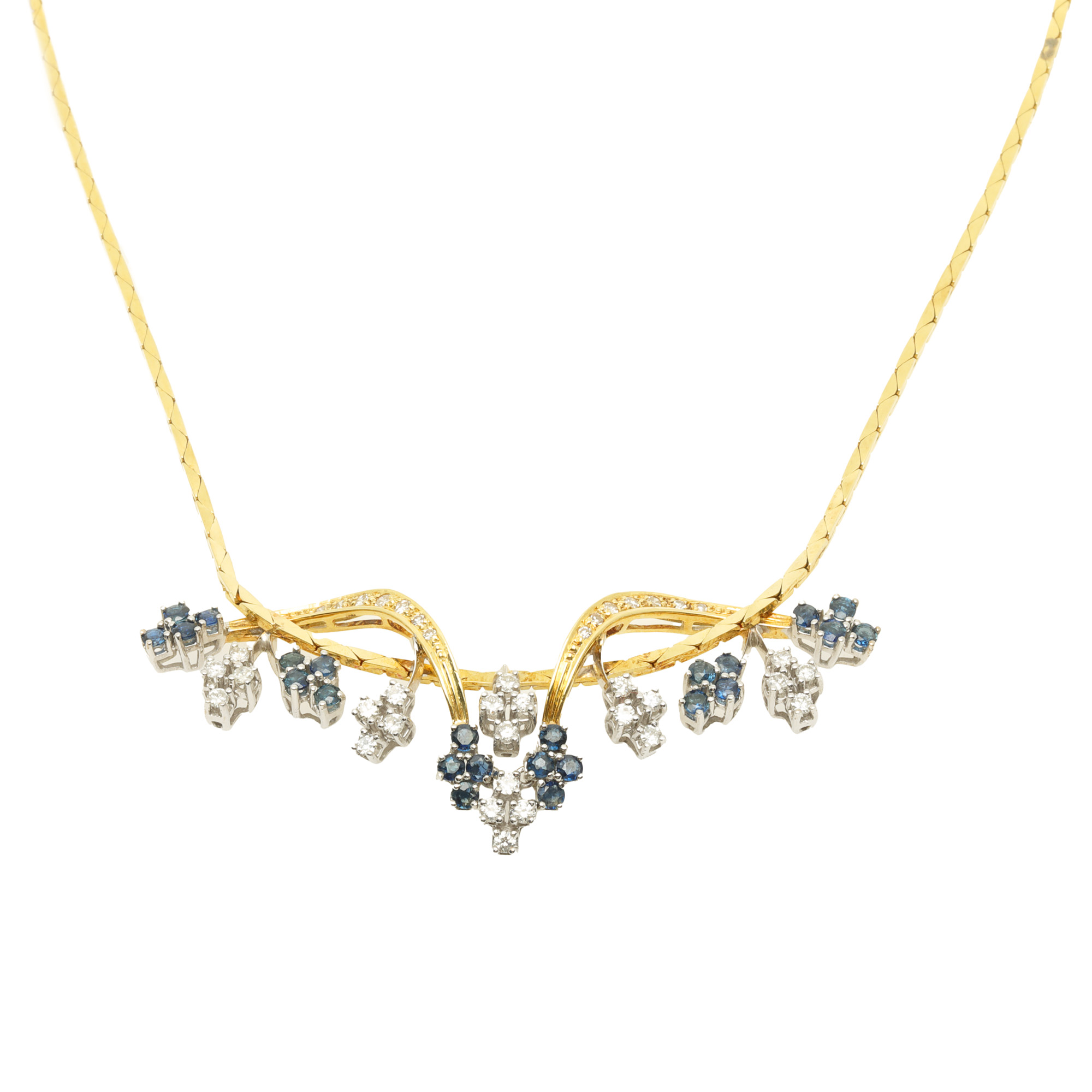 Elegant colier din aur, decorat cu ghirlandă de diamante și safire