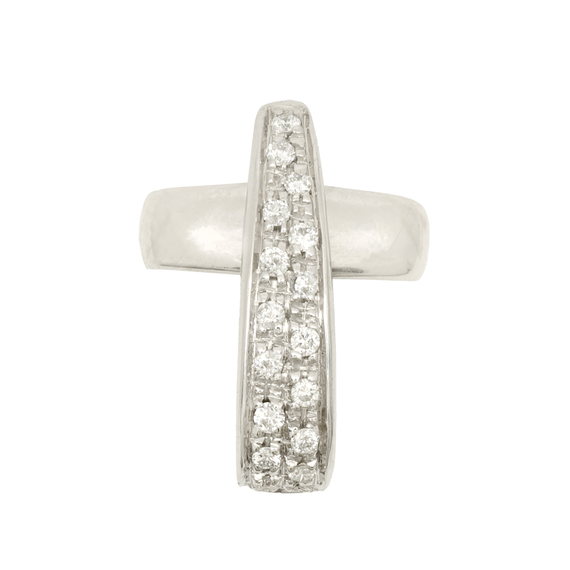 White gold pendant in the shape of a cross, decorated with diamonds