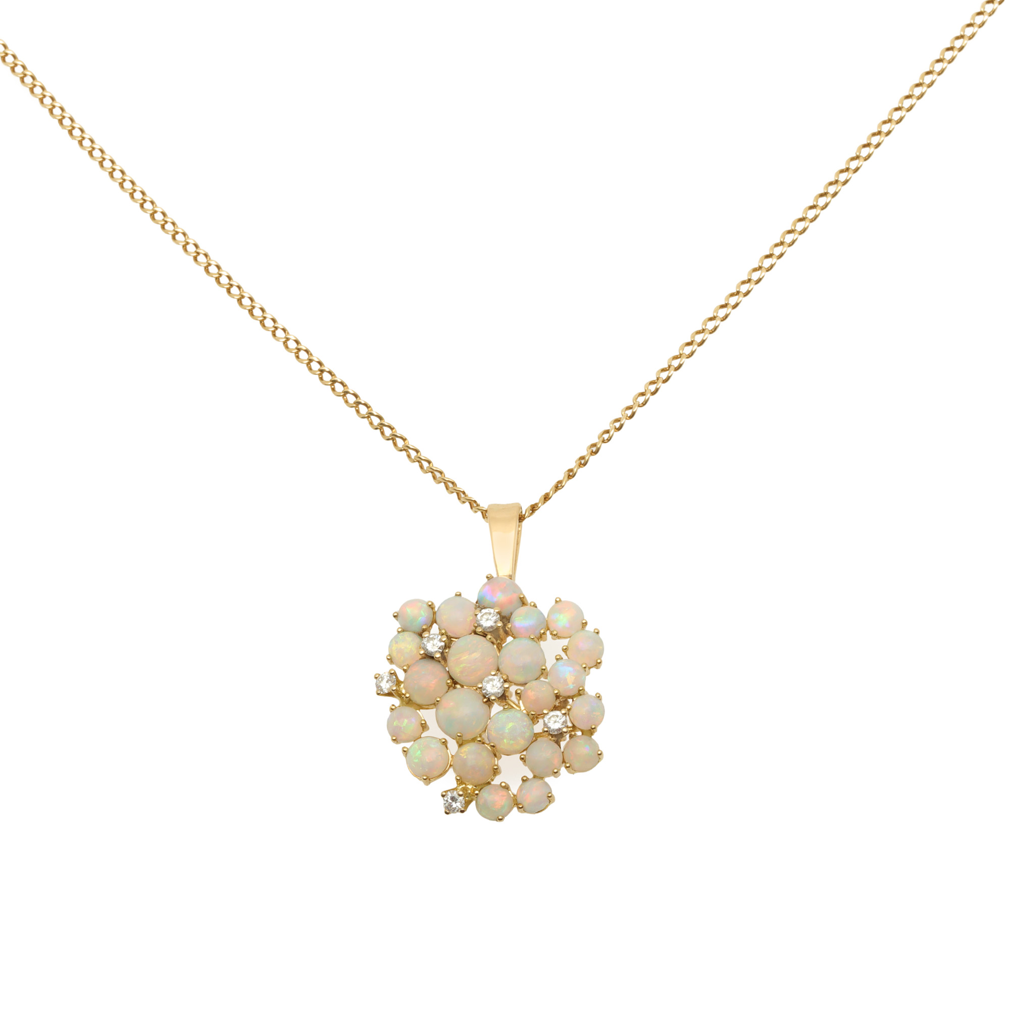 Gold chain with pendant, decorated with opals and diamonds