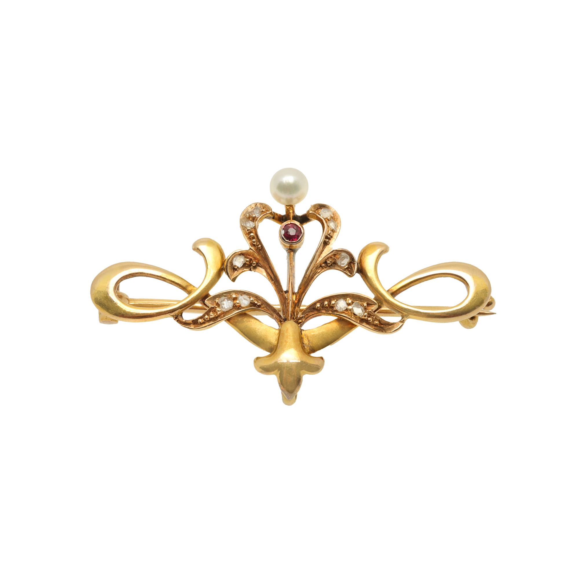 Broșă din aur Art Nouveau, decorată cu perlă, diamante și rubin, cca. 1930