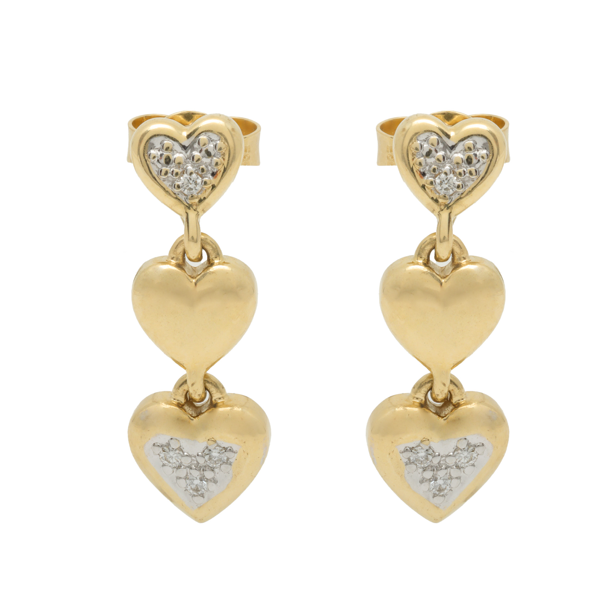 Pair of gold earrings, in the shape of hearts, decorated with diamonds