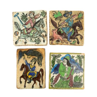 Lot format din patru cahle persane pictate, Iran, sec. XIX