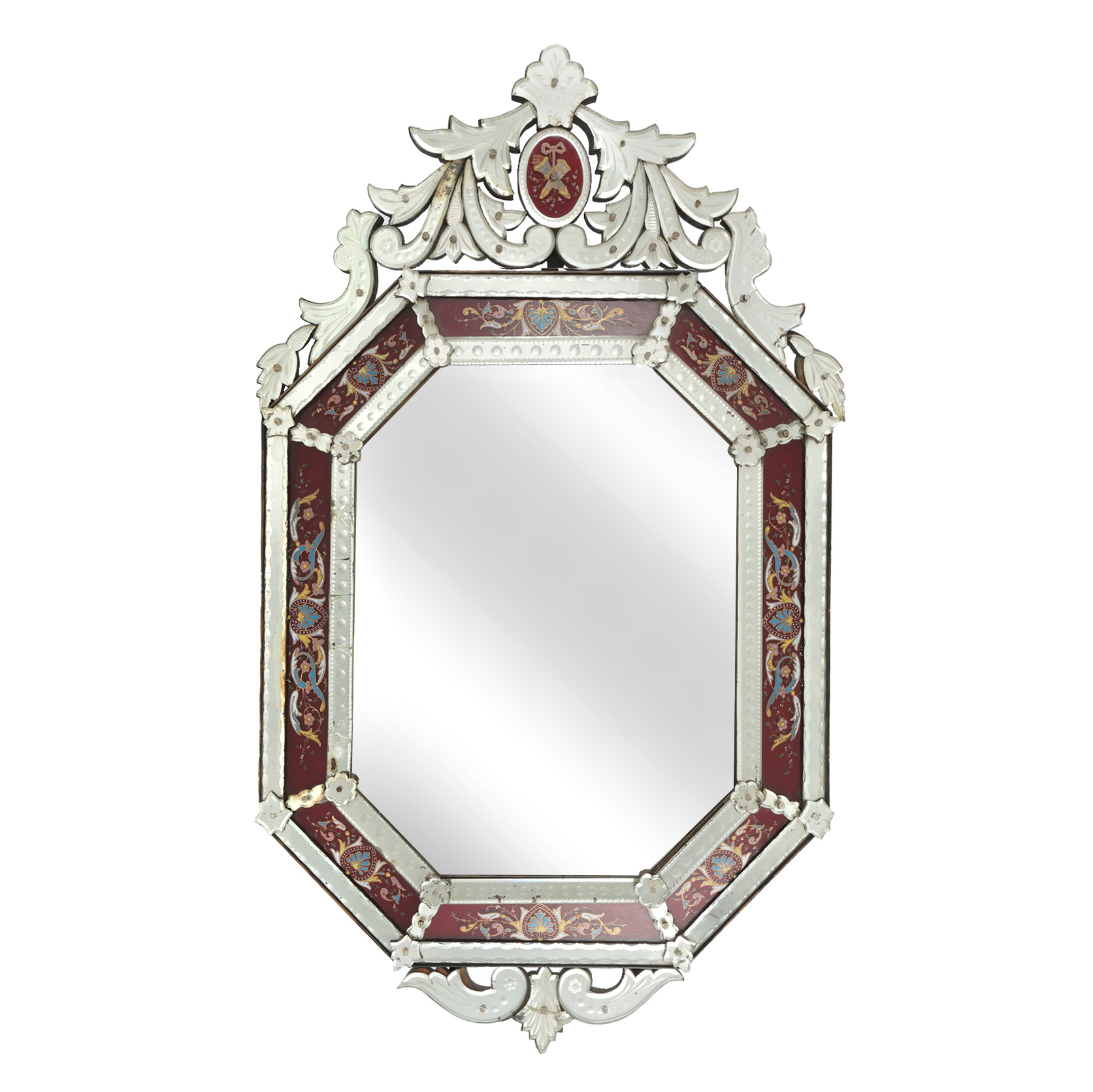 Oglindă venețiană din cristal, decorată cu fronton și elemente vegetale, cca. 1900