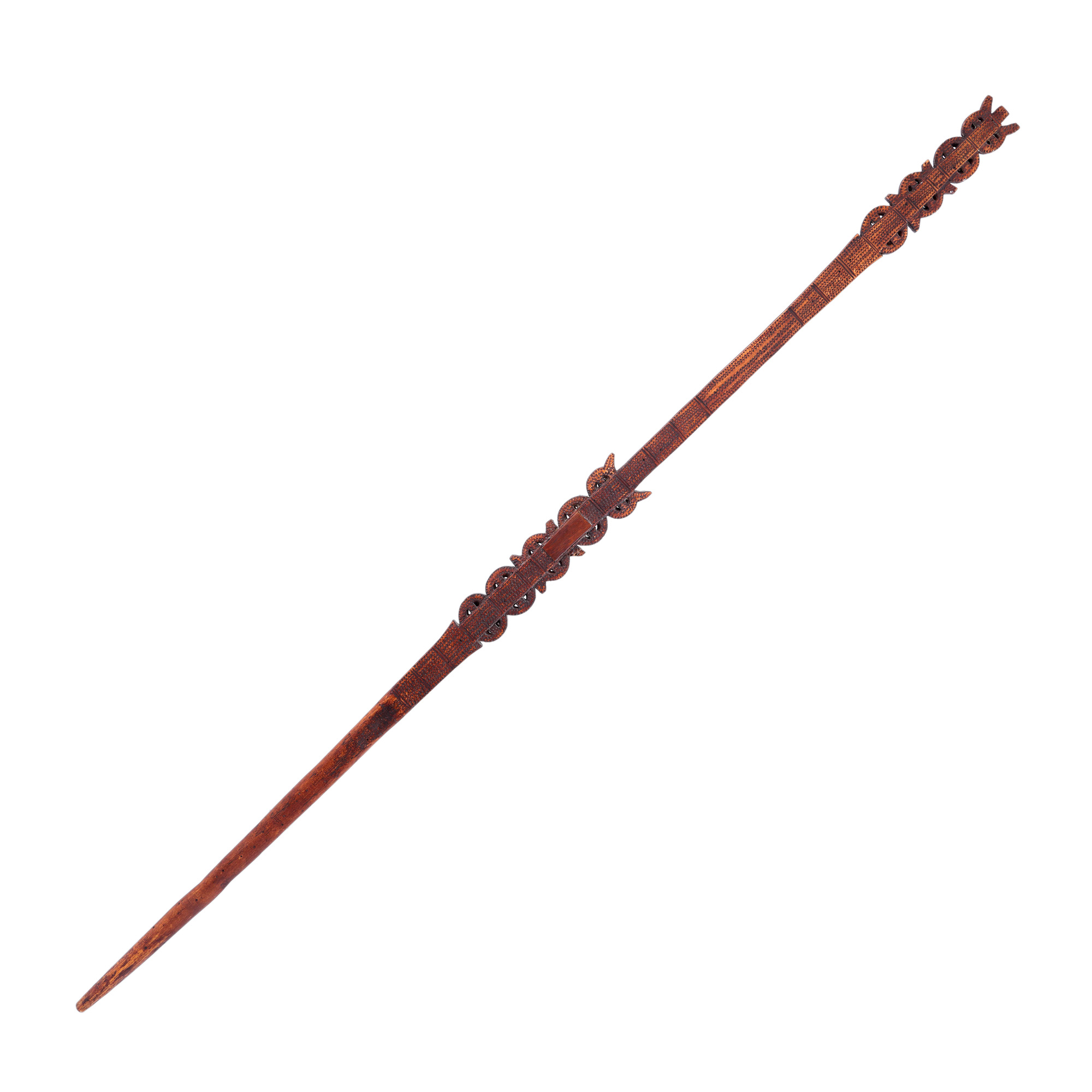Wooden spinning fork, pyrographed with solar symbols, Transylvania, dated (18)79