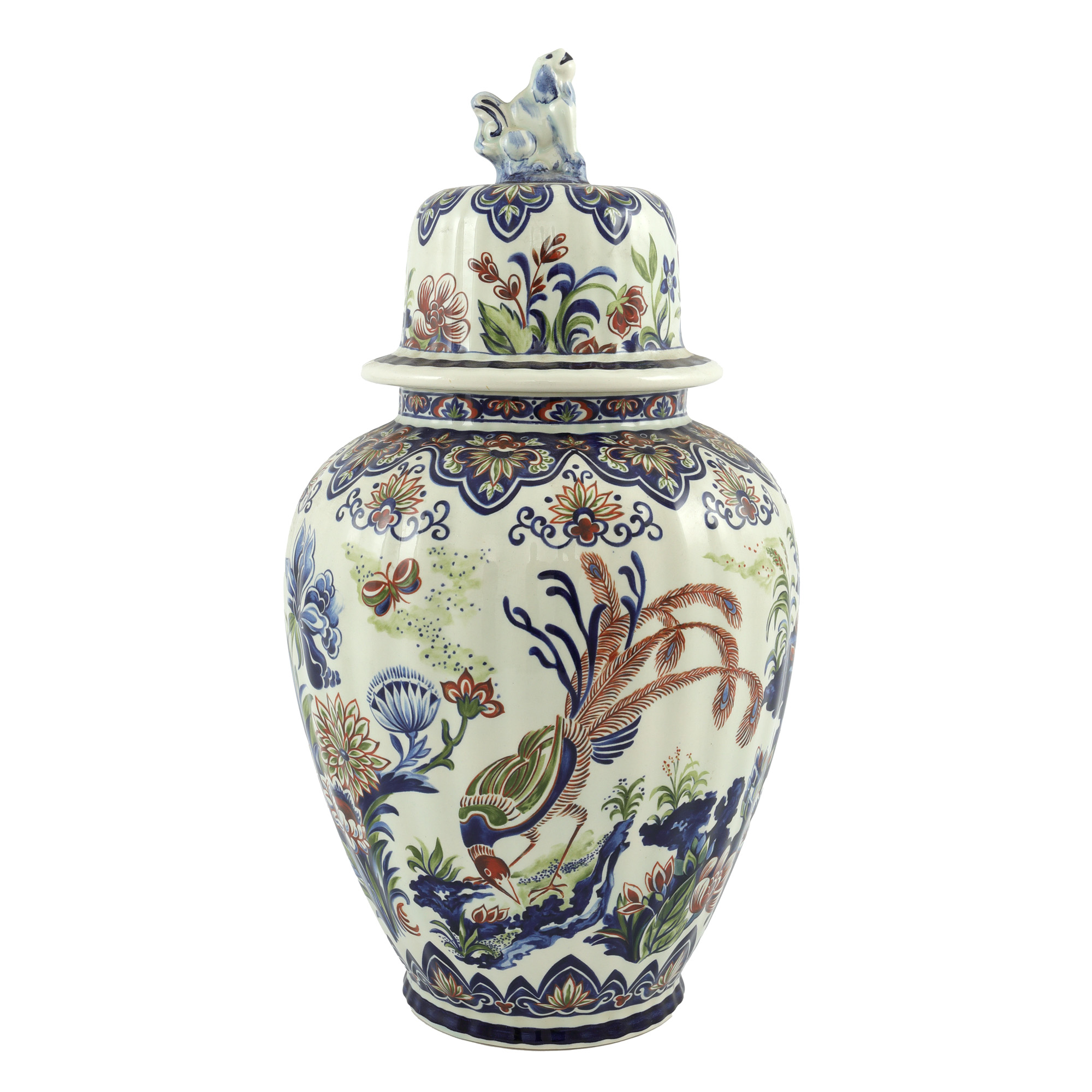Vas cu capac din ceramică Vieux Rhodes Boch, decorat cu pasărea liră și câine Foo, începutul sec. XX