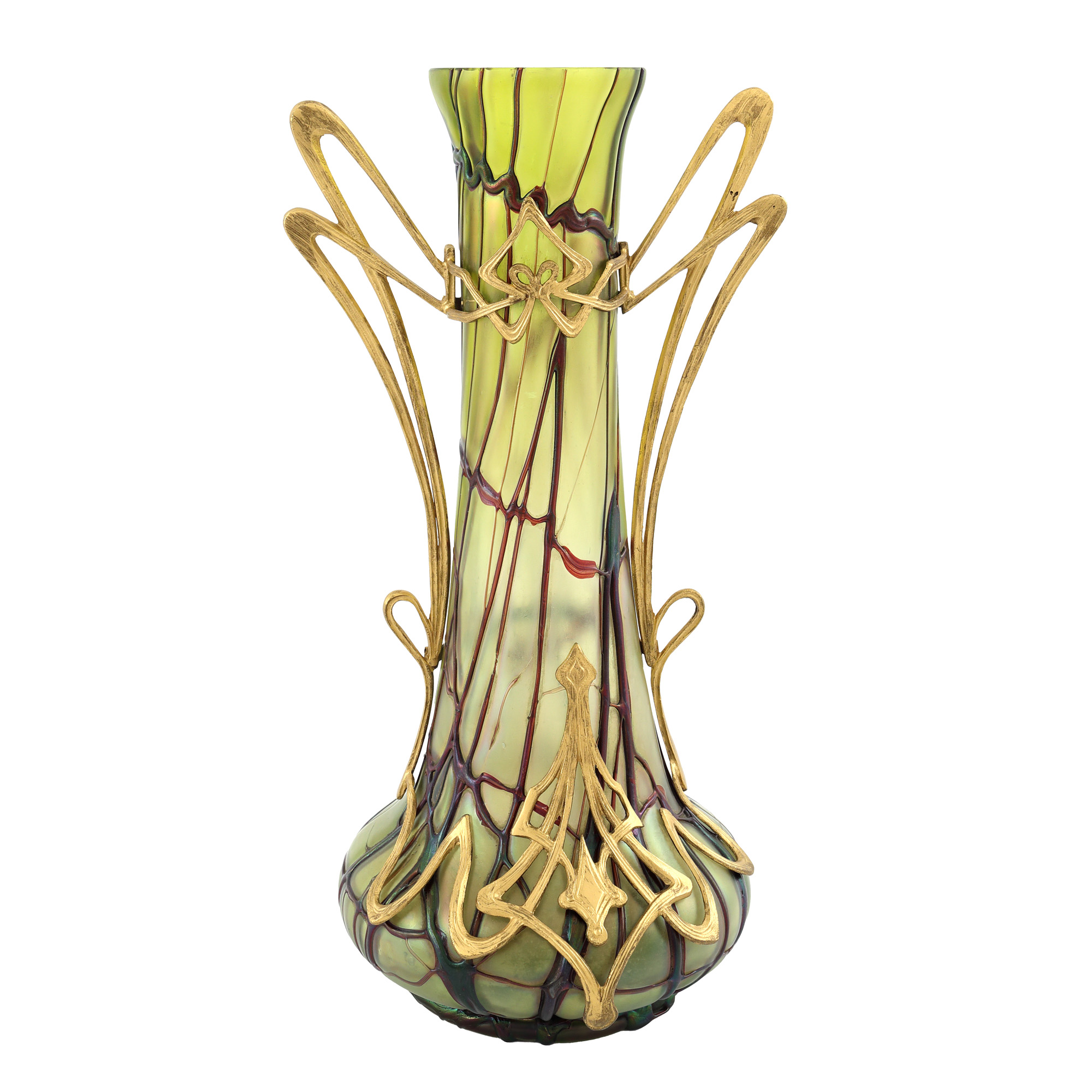 Jugendstil Vase Palme König & Habel, made of iridescent glass and gilded metal mount, cca. 1900-1910
