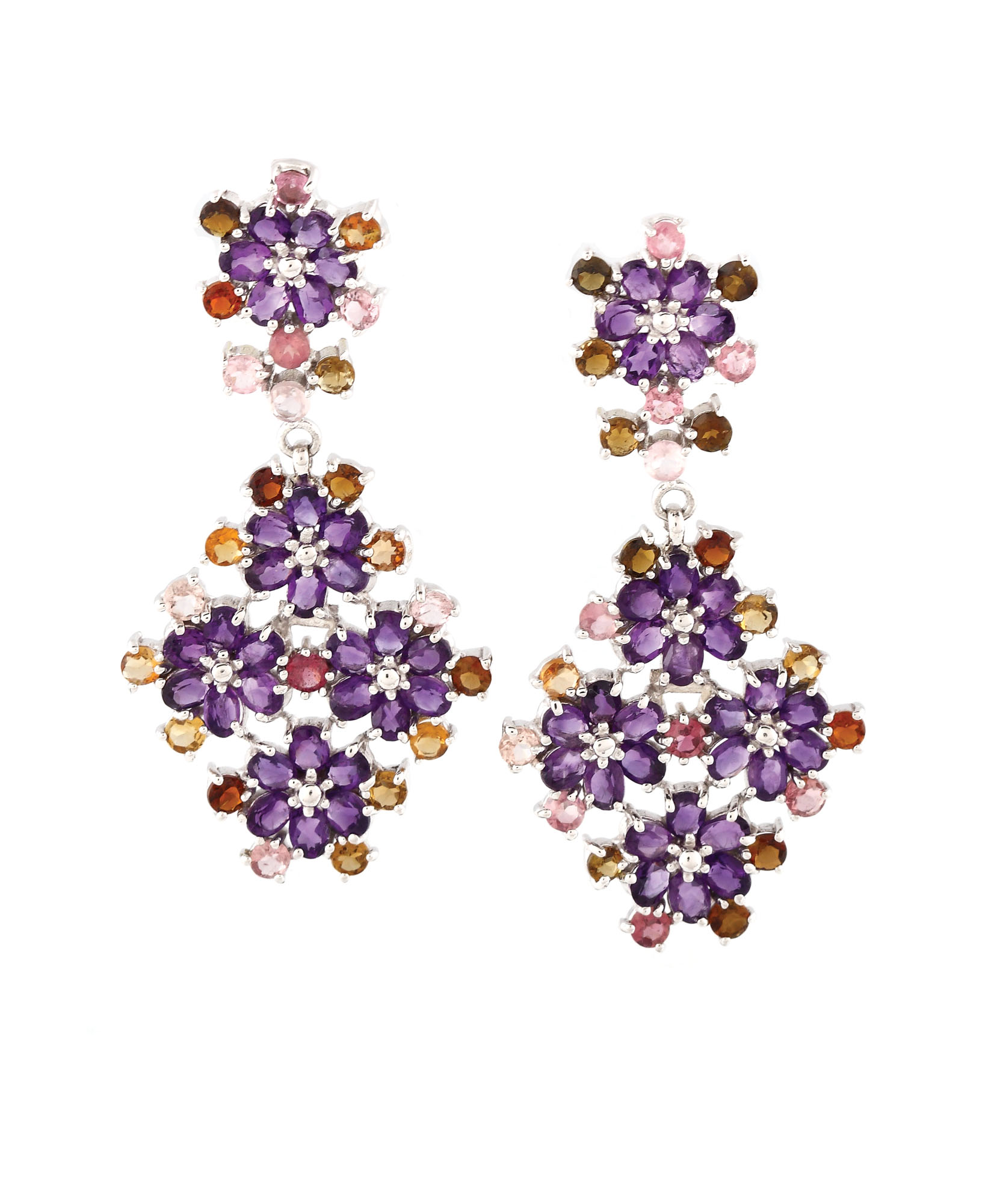 Pair of gilded silver earrings ornate with amethysts and tourmalines