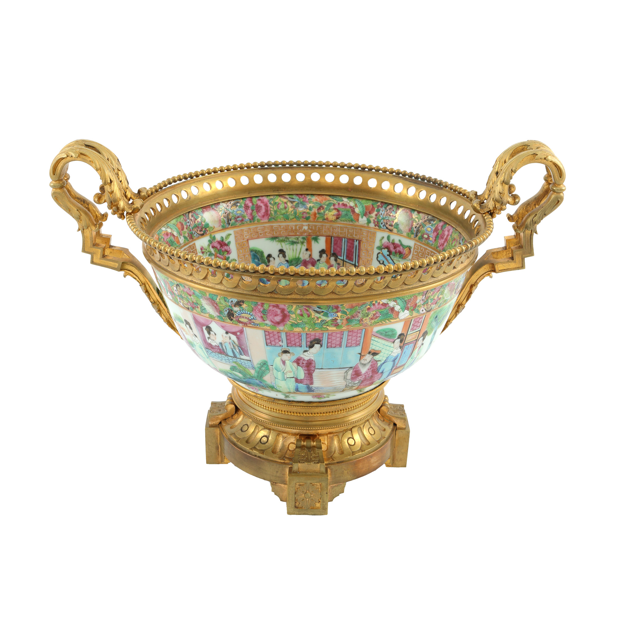 Cantonese "Famille rose" porcelain vase, with gilded bronze mount, France, 19th century