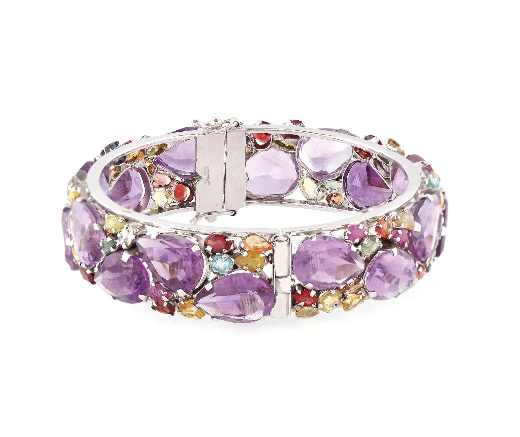 Silver bracelet ornate with amethysts, sapphires, garnets and rubies