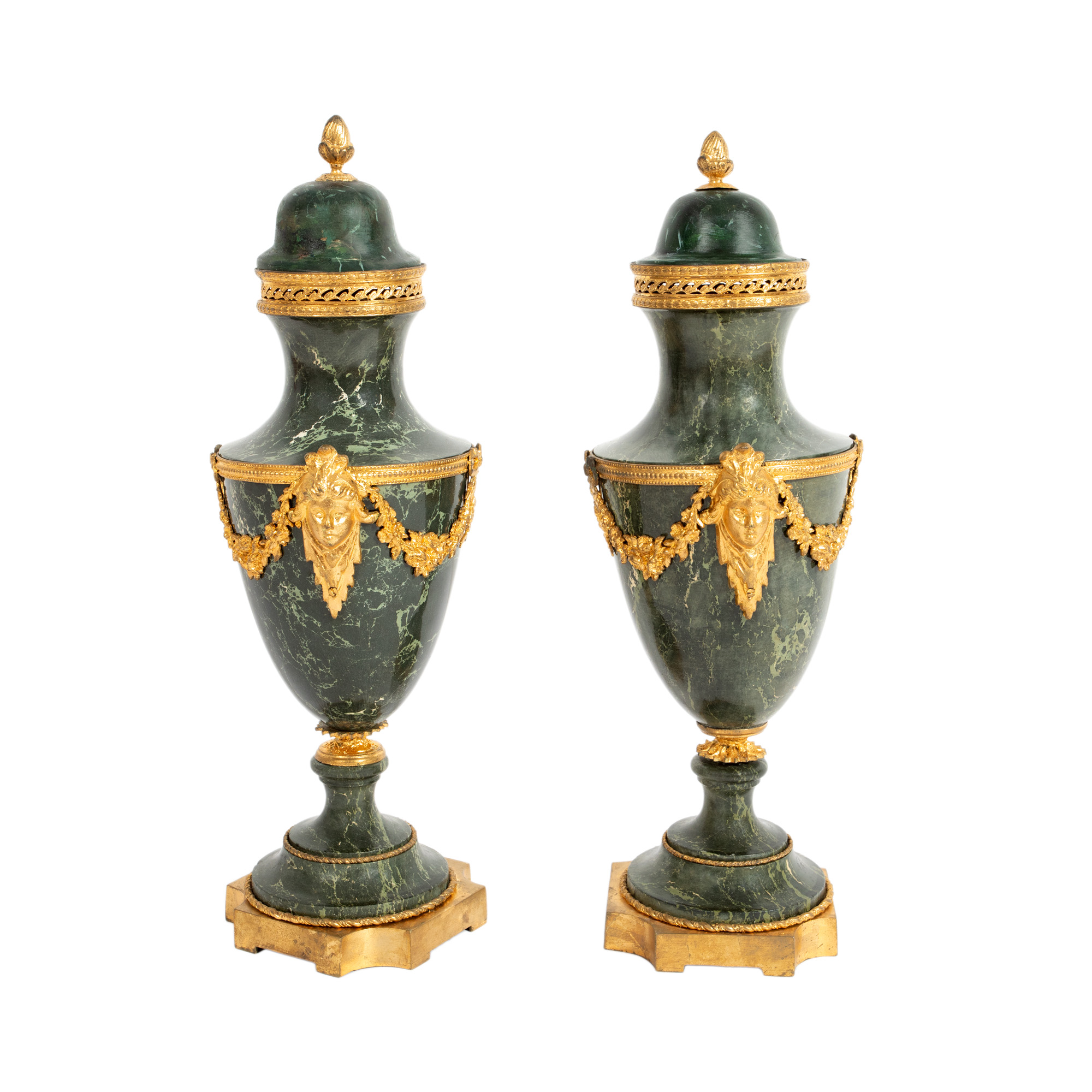 Pair of Louis XVI vases, made of marble and gilded bronze, second half of the 19th century