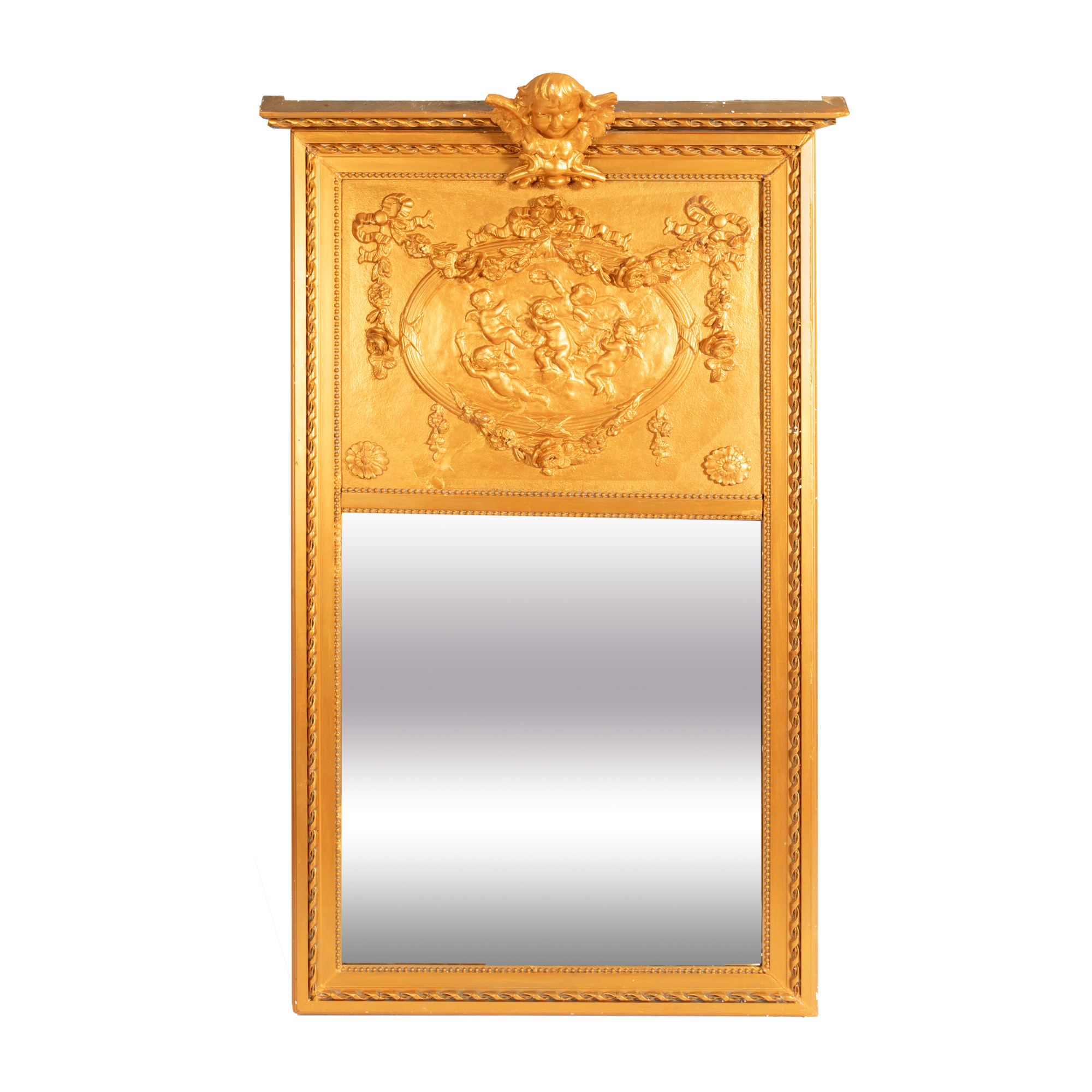 Louis XVI style mirror, decorated with dancing putti and floral garlands, early 20th century