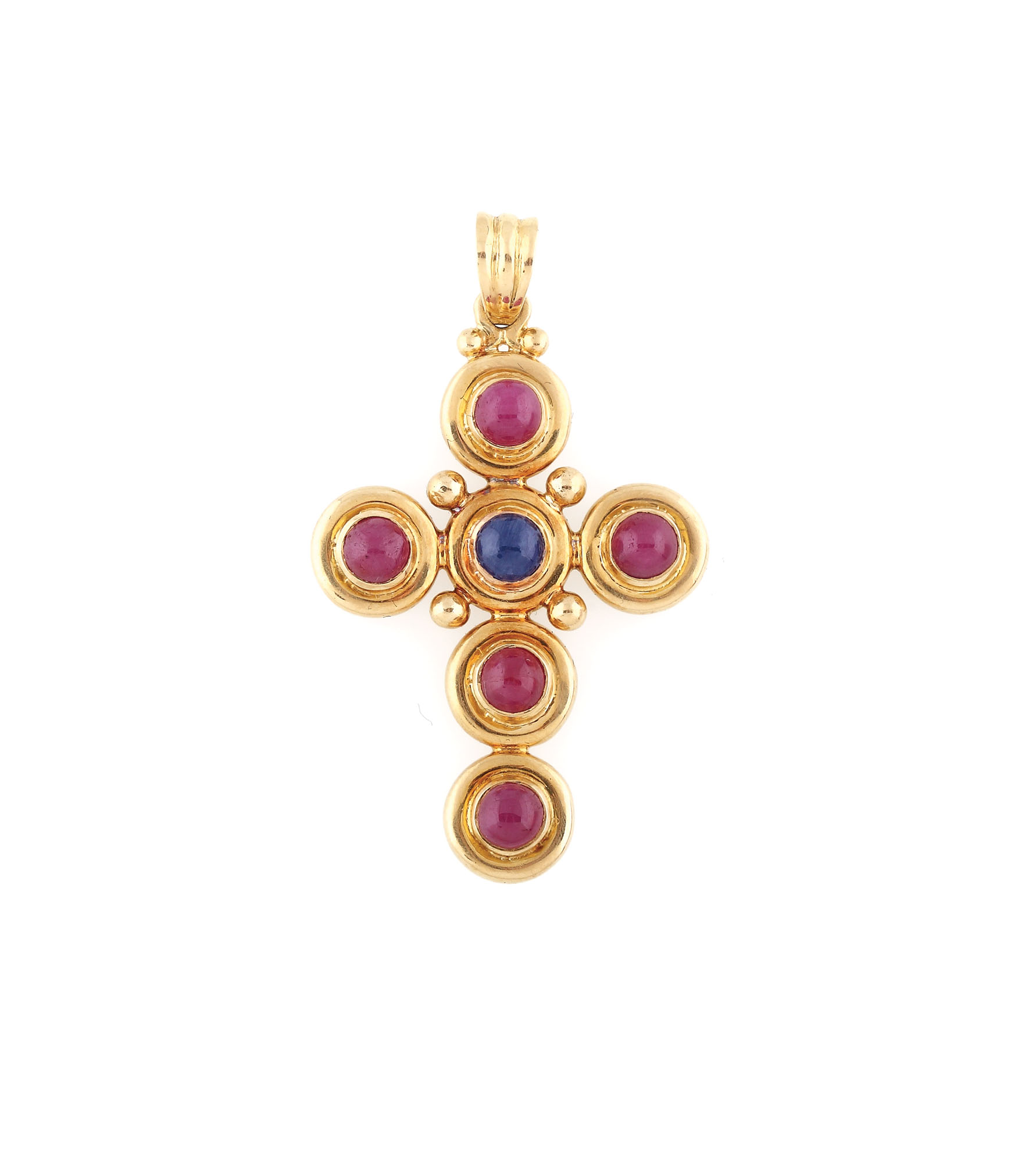 Gold cross pendant, decorated with rubies and sapphire