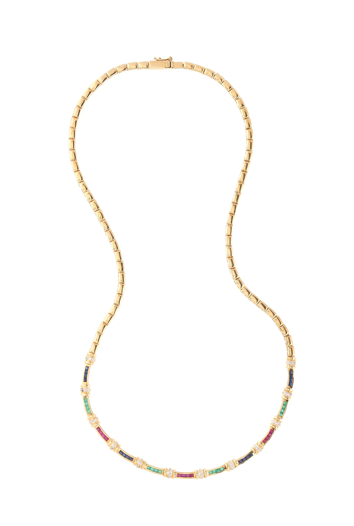 Gold necklace ornate with diamonds, emeralds, sapphires and rubies