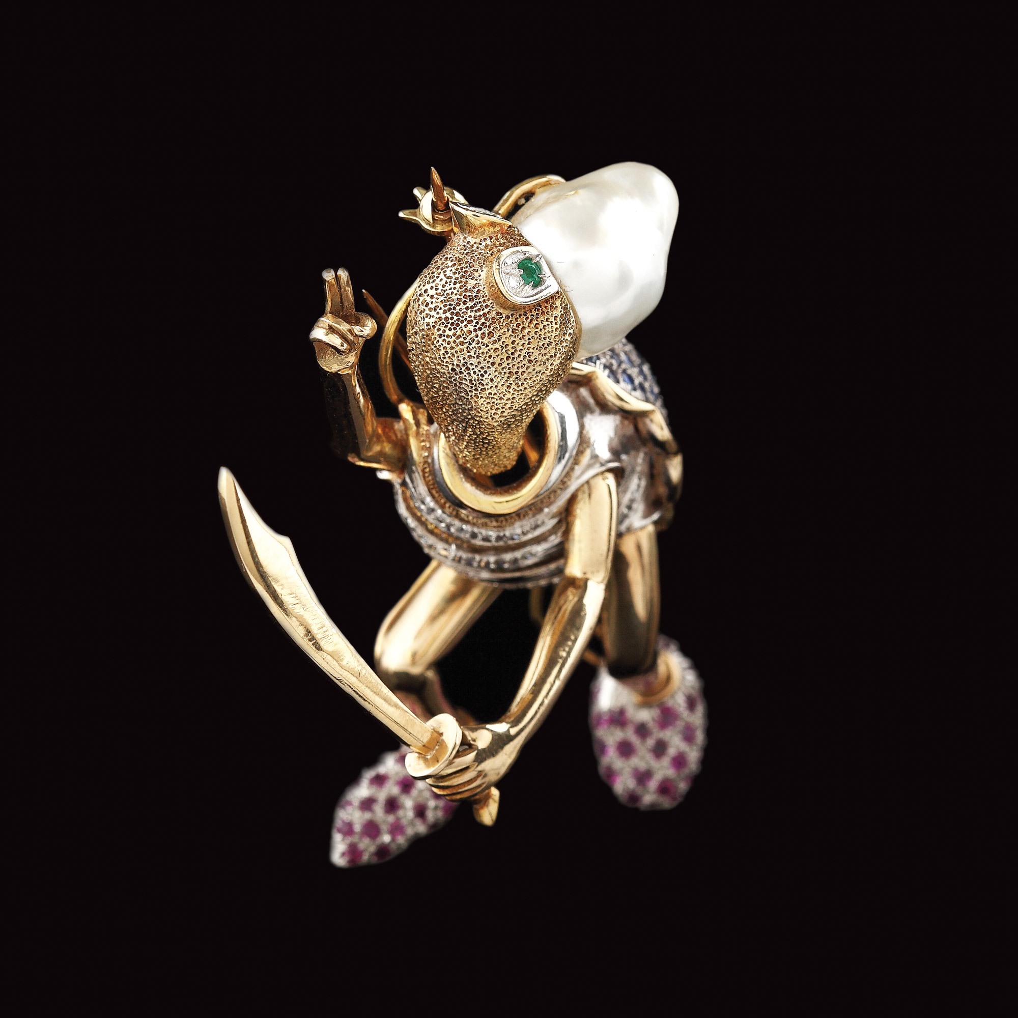Lovely gold brooch decorated with sapphires, rubies, emeralds, diamonds and baroque pearl
