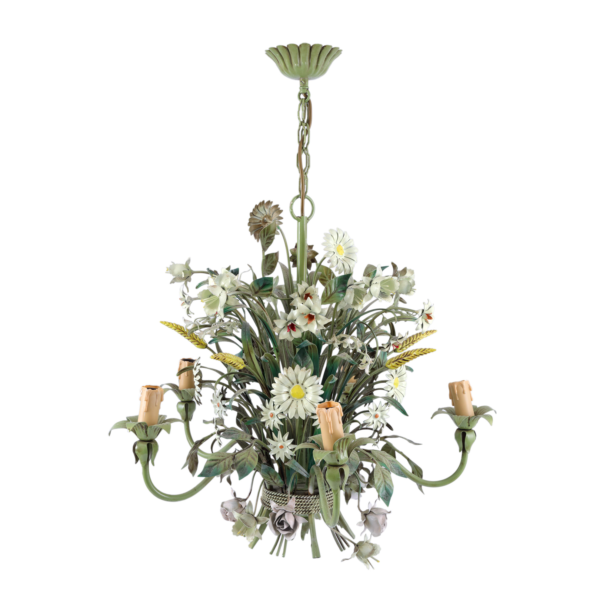 Spectacular painted iron chandelier, depicting a bouquet of wildflowers, 1960s