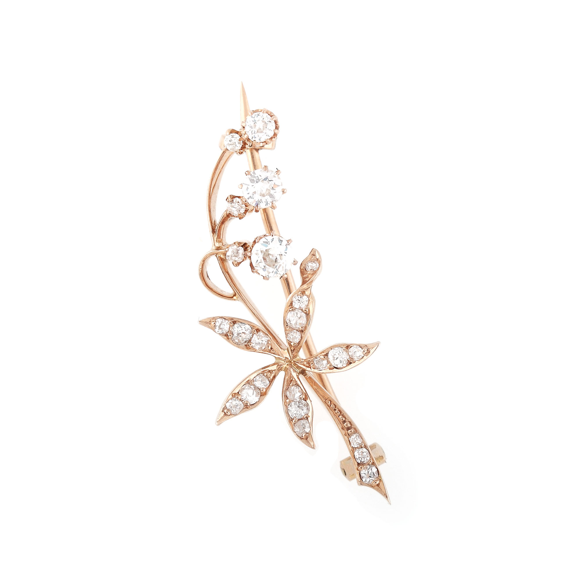 "Lilies-of-the-valley" - red gold Art Nouveau brooch, decorated with diamonds, first half of the 20th century