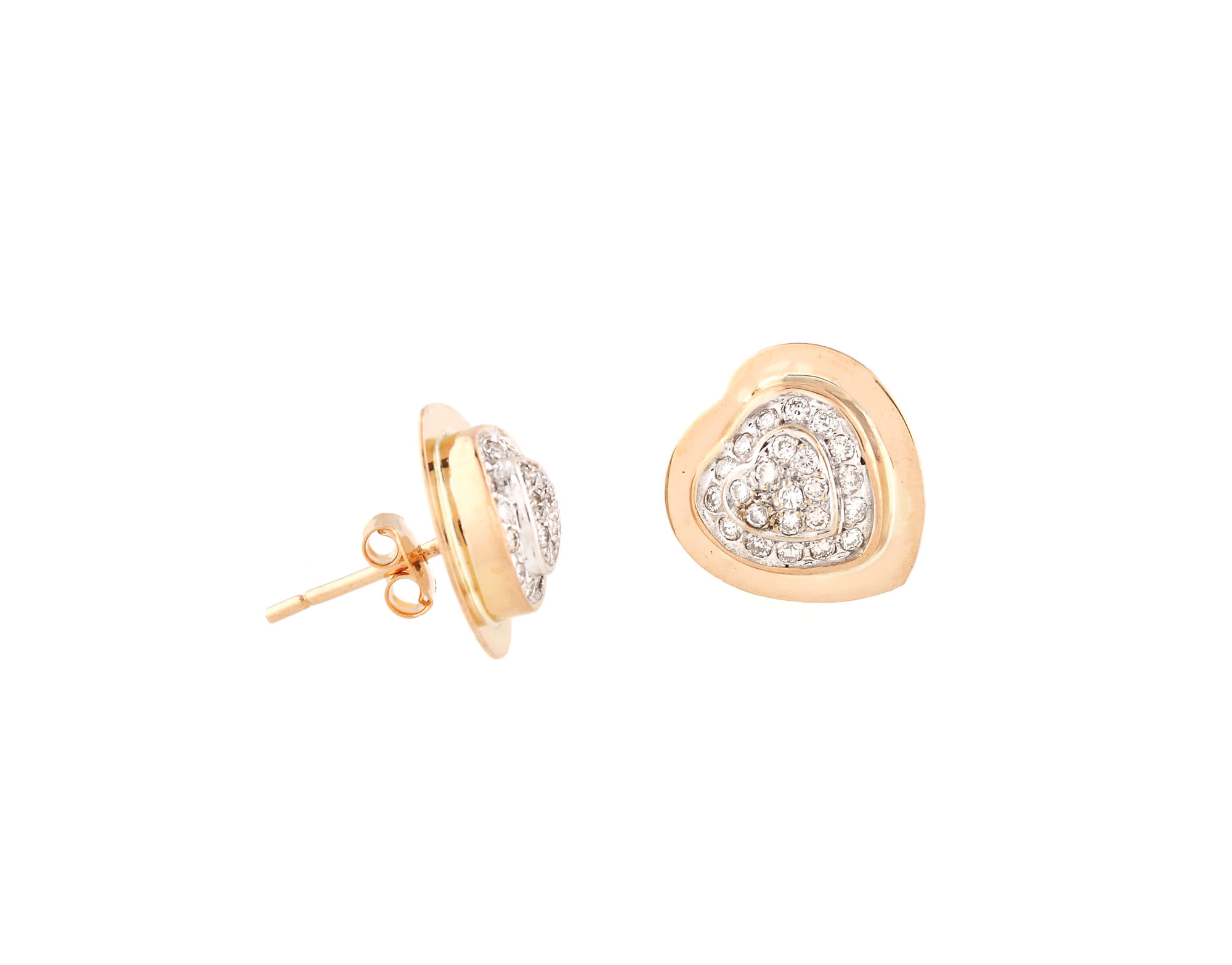 Pair of heart-shaped gold earrings, decorated with diamonds