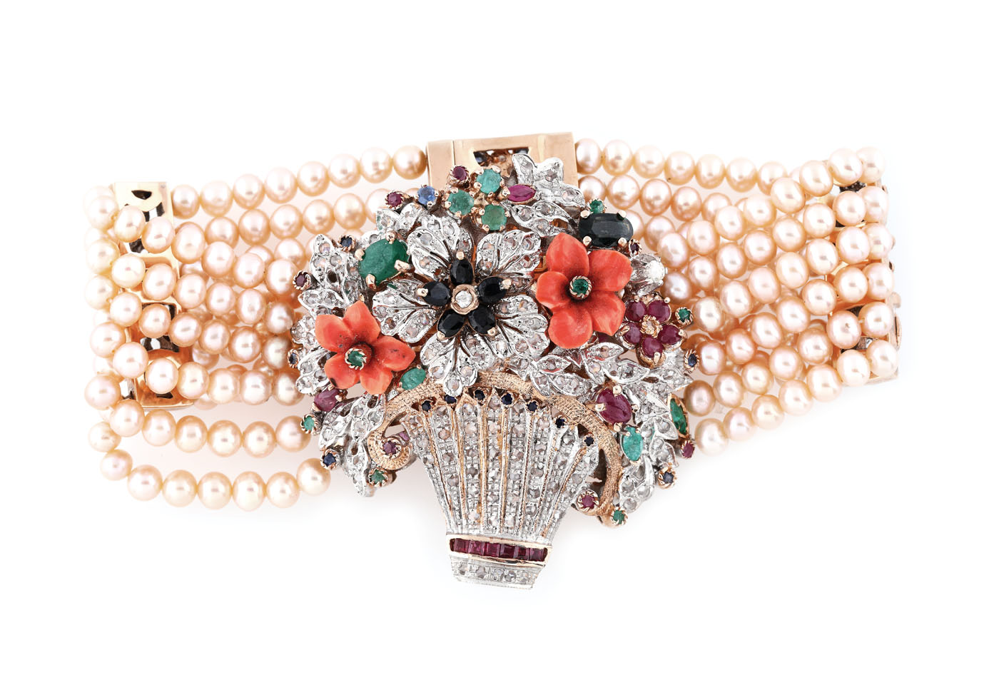 Brățară din perle, cu pandantiv - buchet floral, ornat cu diamante, safire, rubine, smaralde și coral