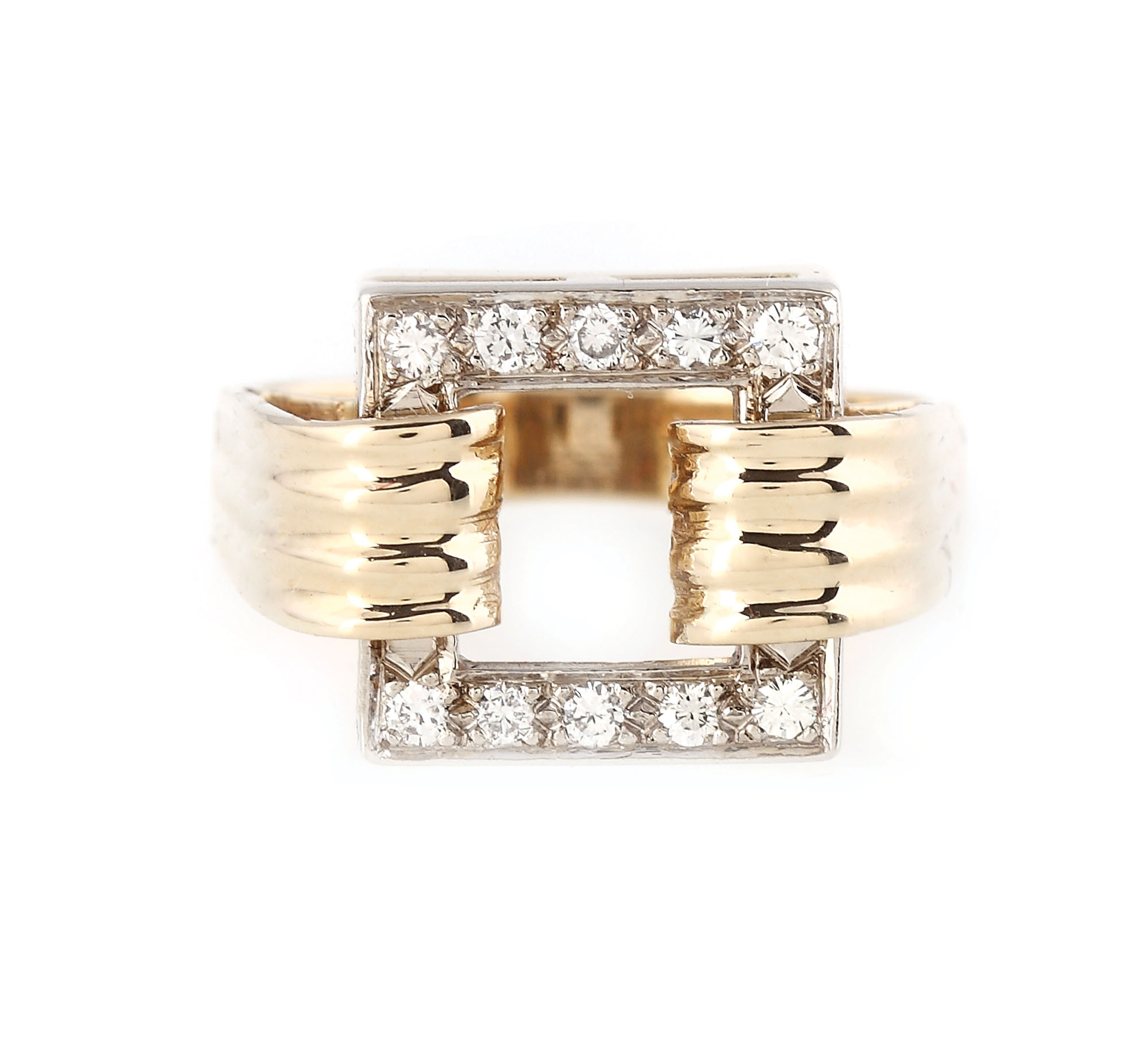 Gold and white gold ring, ornate with frame studded with diamonds