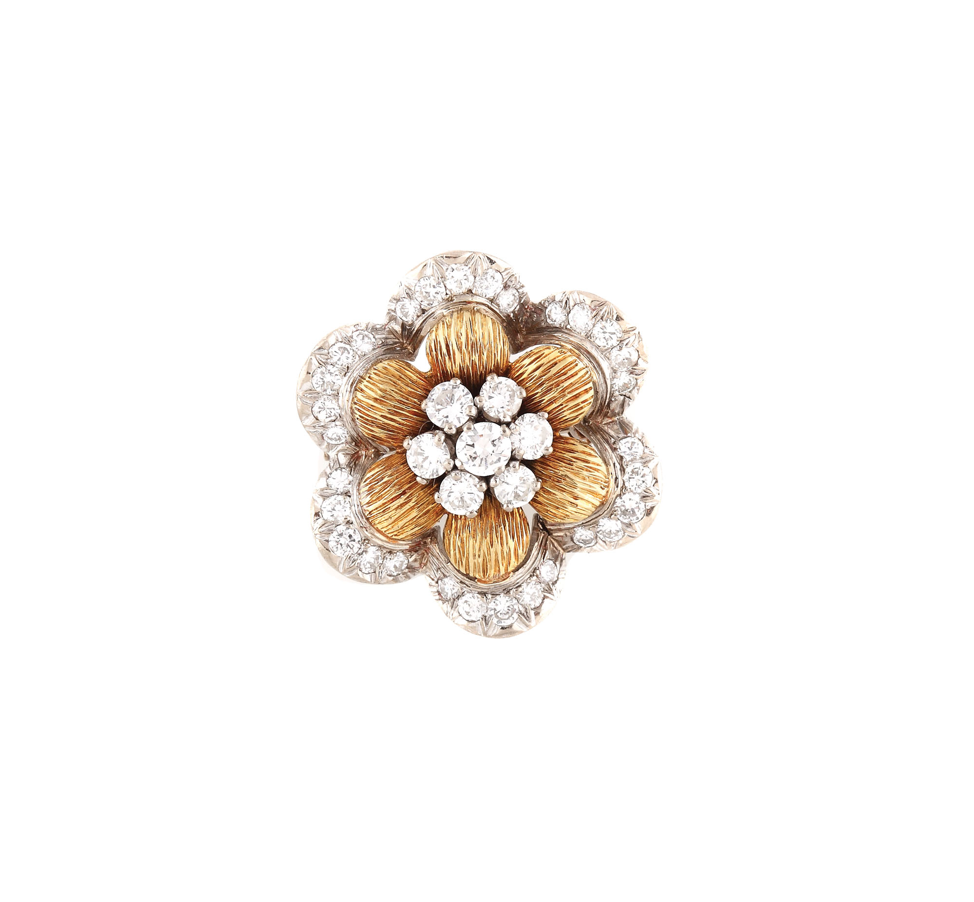 Deosebită broşă din aur, cu model floral, ornată cu diamante