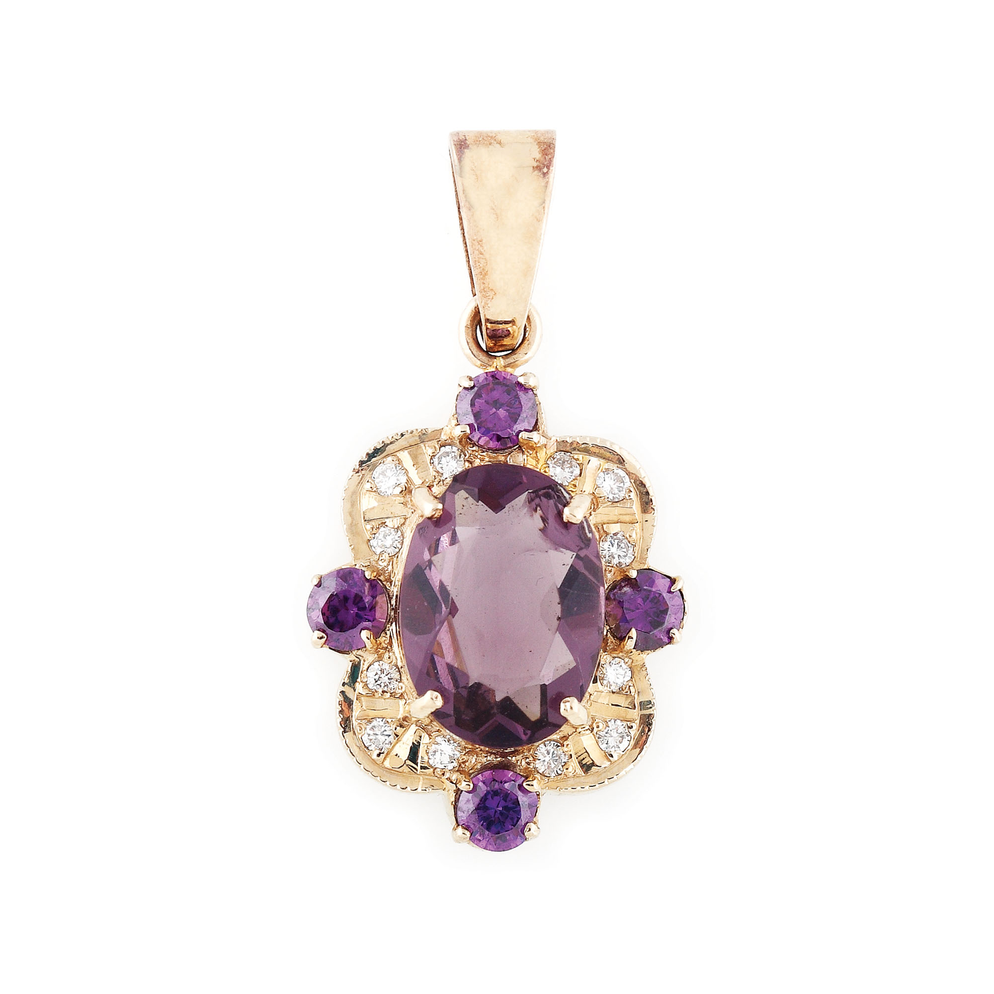 Gold set consisting of pendant and ring, decorated with amethysts and diamonds