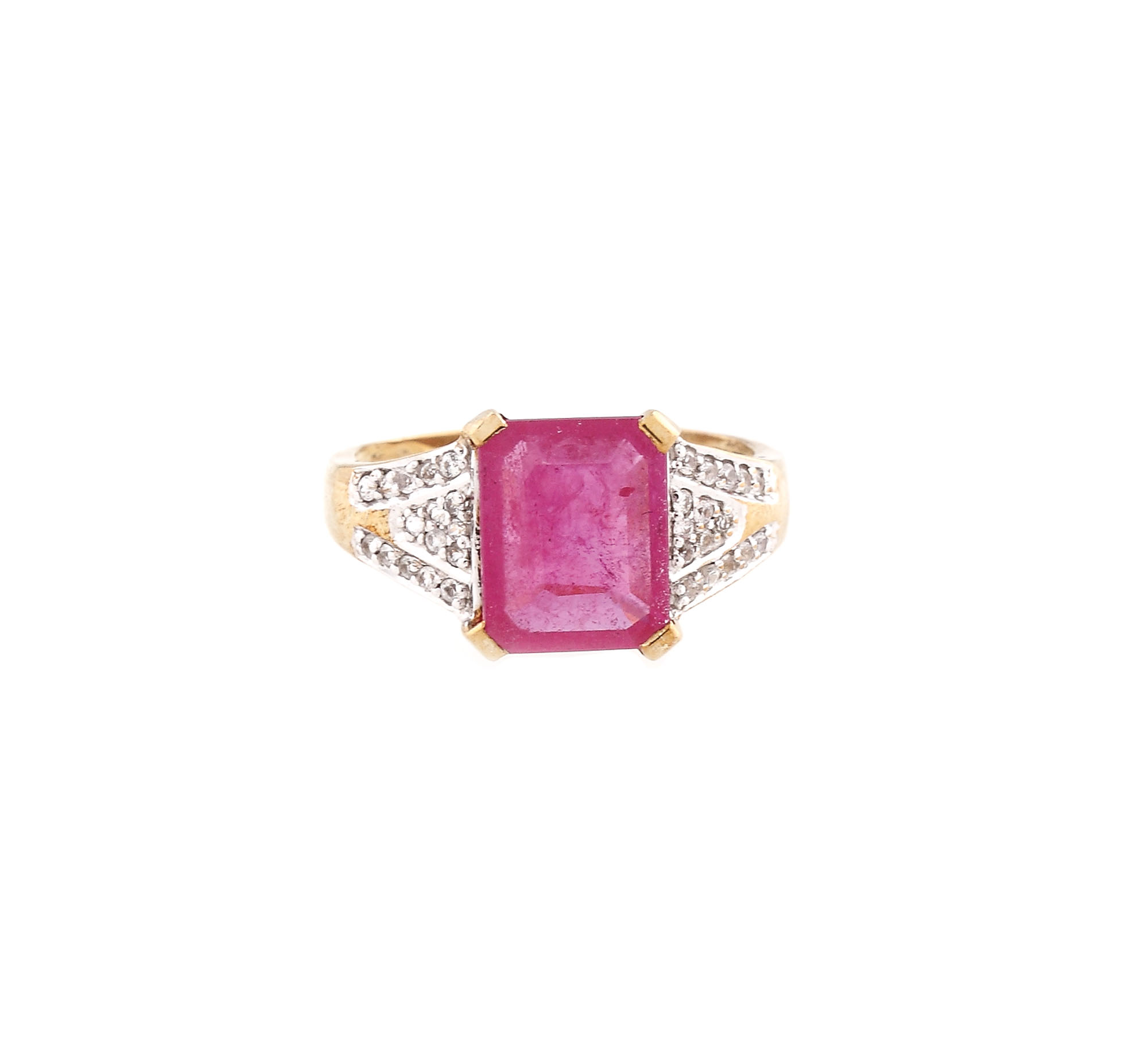 Gold ring decorated with ruby and white topazes