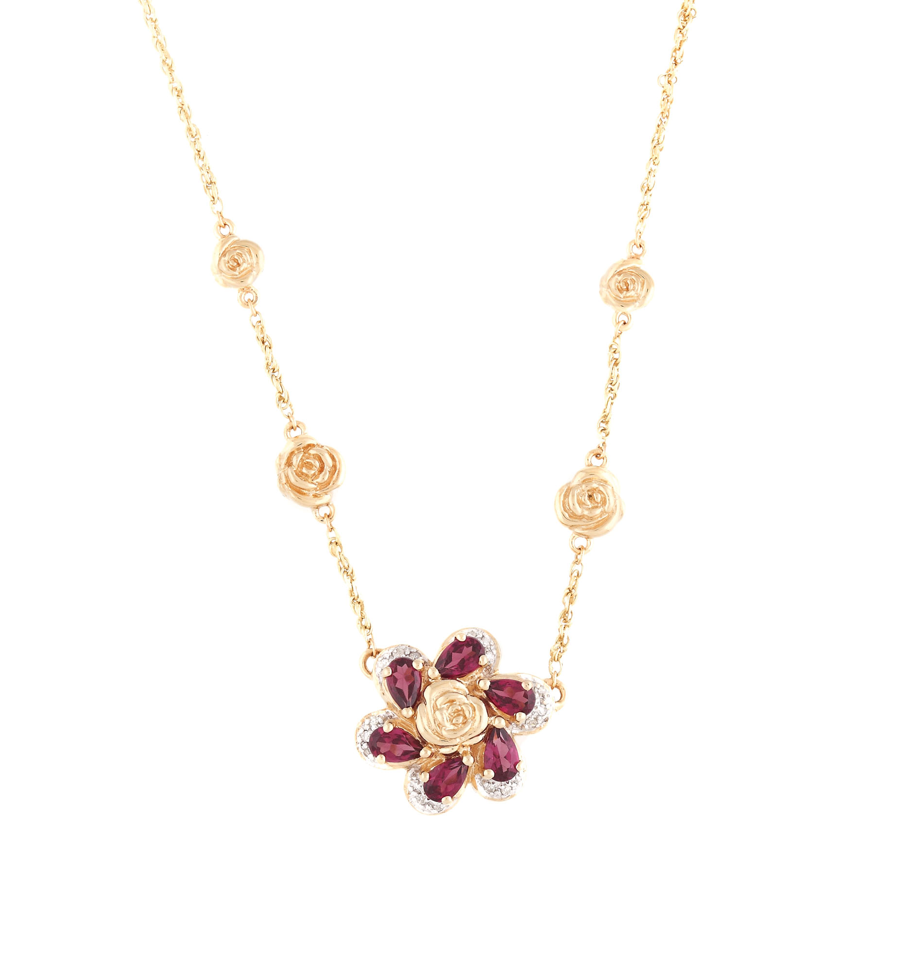 Colier cu roze, din aur, decorat cu rodolite și diamante