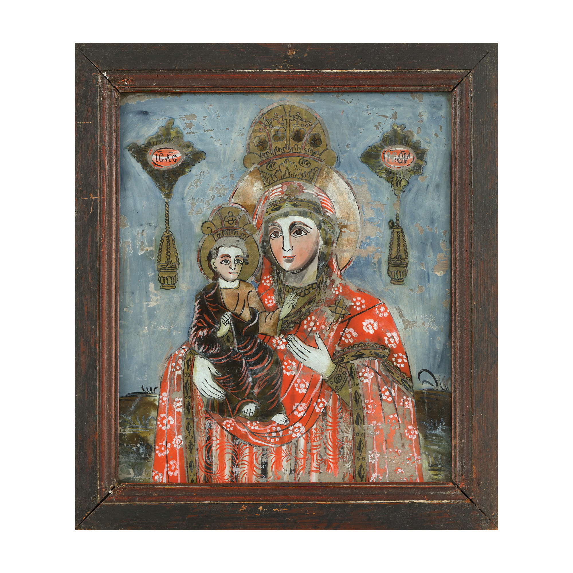 Icon on glass, "Mother of God with the Child (Hodegetria)", workshop in Făgăraş-Rupea, mid 19th century, comes from the collection of Prof. Costin Murgescu and filmmaker Ecaterina Oproiu.