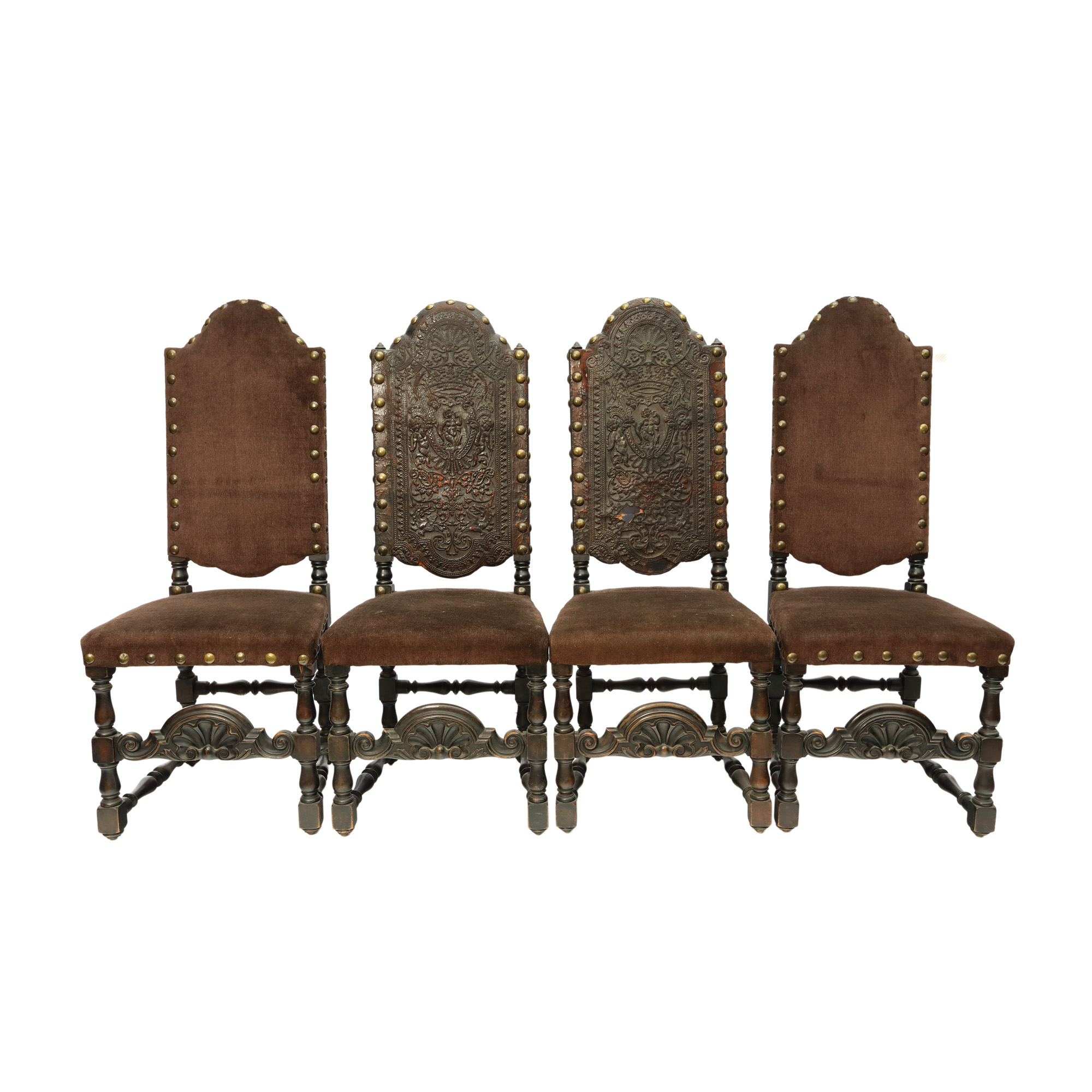 Set of four Neo-Renaissance chairs, two of which are decorated with Cordoba leather, end of the 19th century, originating from the collection of Prof. Costin Murgescu and filmmaker Ecaterina Oproiu.