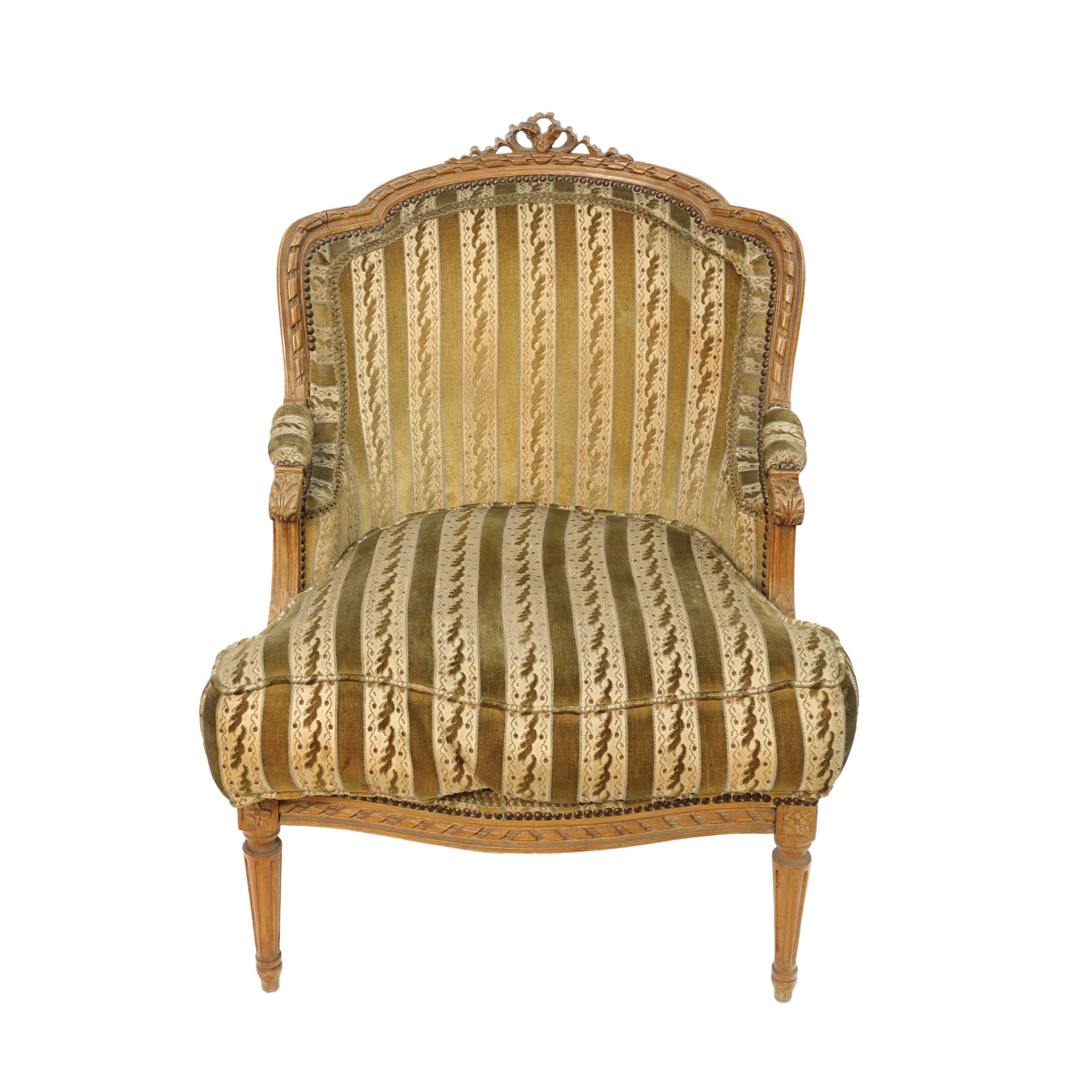 Fotoliu bergère Louis XVI, începutul sec. XX, provine din colecția prof. Costin Murgescu și a cineastei Ecaterina Oproiu