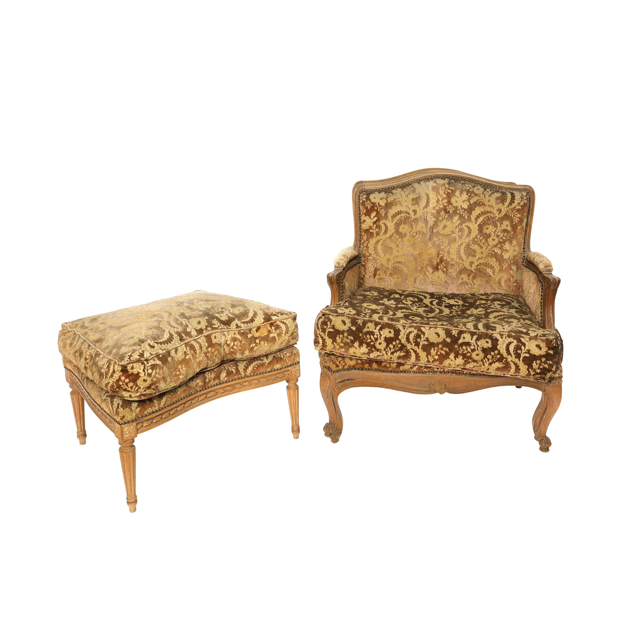 Louis XVI bergère armchair, accompanied by stool, early 20th century, originating from the collection of Prof. Costin Murgescu and filmmaker Ecaterina Oproiu