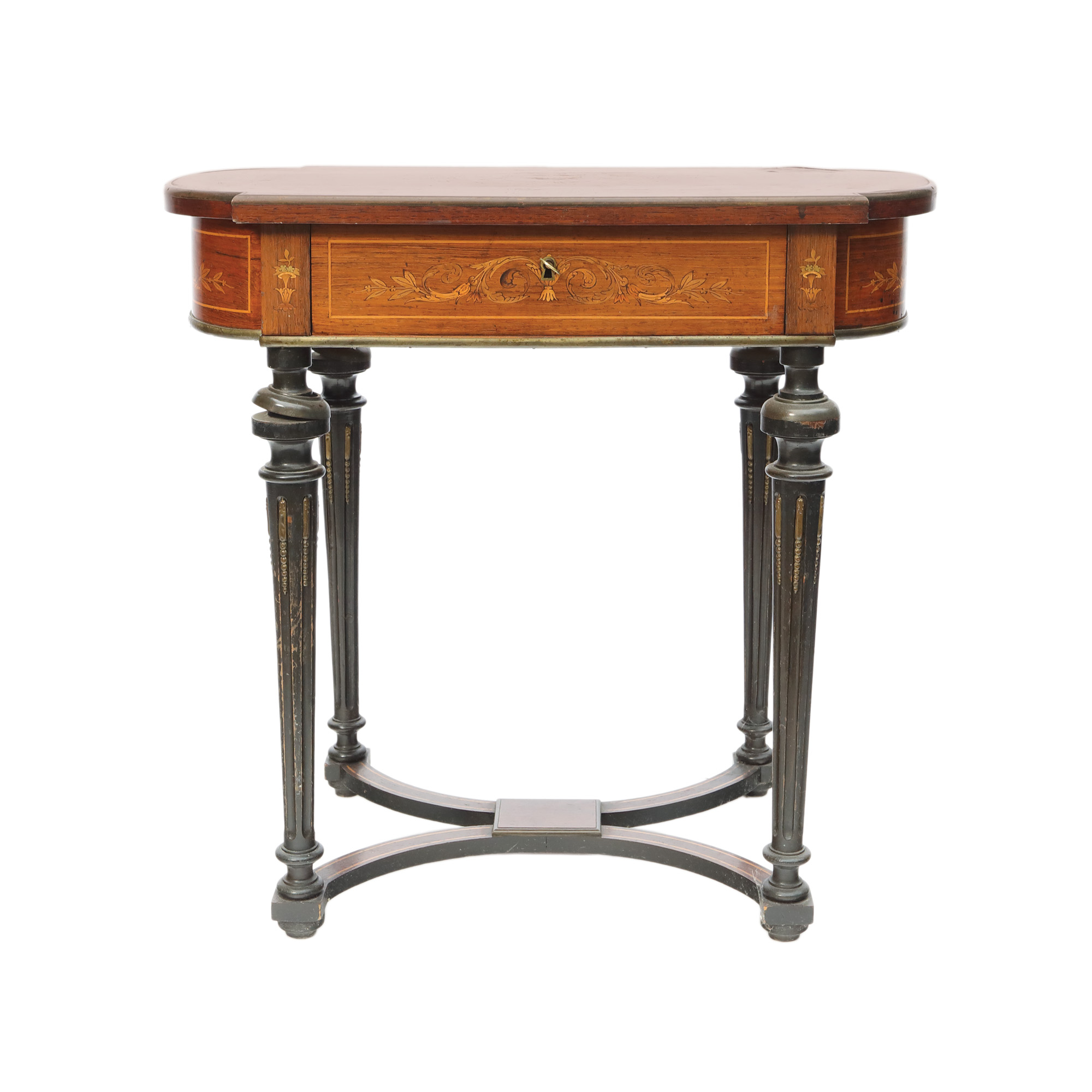 Small Napoleon III desk, decorated with floral marquetry and gilt bronze elements, approx. 1890, originating from the collection of Prof. Costin Murgescu and filmmaker Ecaterina Oproiu