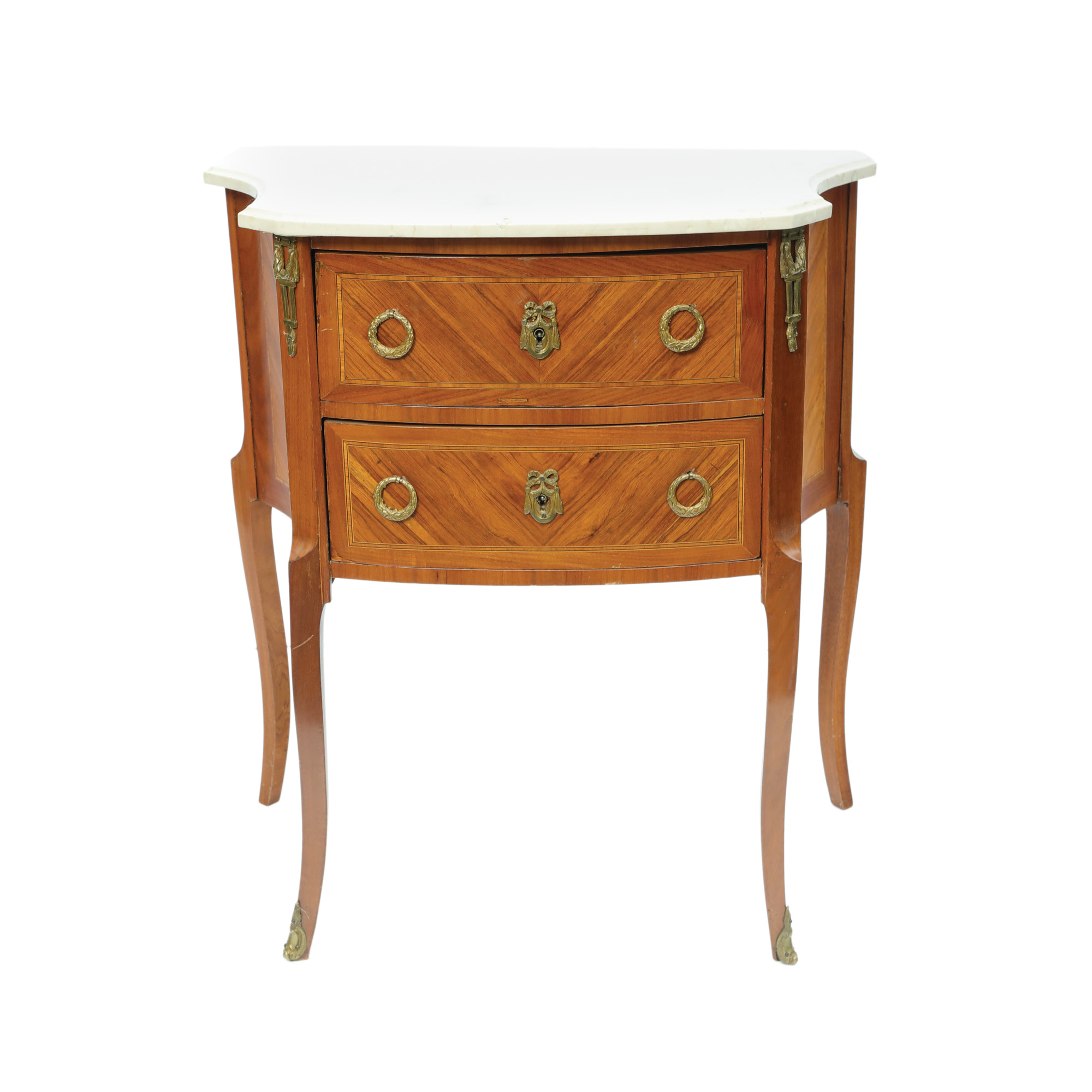 Small Louis XVI dresser, with inlaid work and marble top, early 20th century, originates from the collection of Prof. Costin Murgescu and filmmaker Ecaterina Oproiu