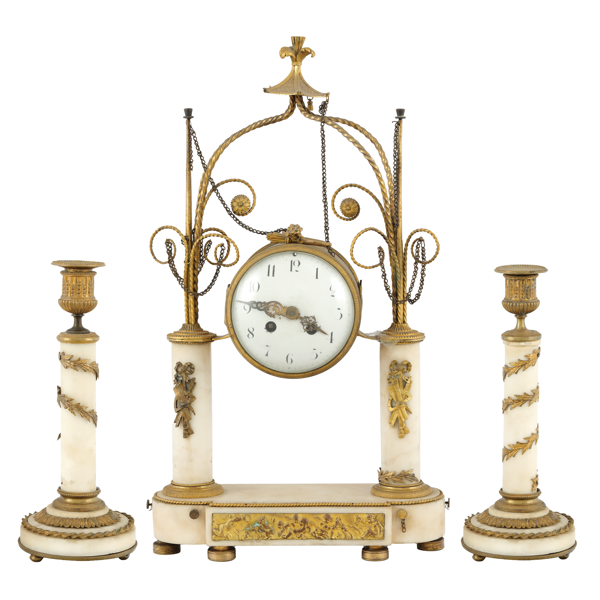 Empire fireplace set, consisting of a clock and two candlesticks, made of marble decorated with gilded bronze elements, beginning of the 20th century, from the collection of Prof. Costin Murgescu and filmmaker Ecaterina Oproiu.