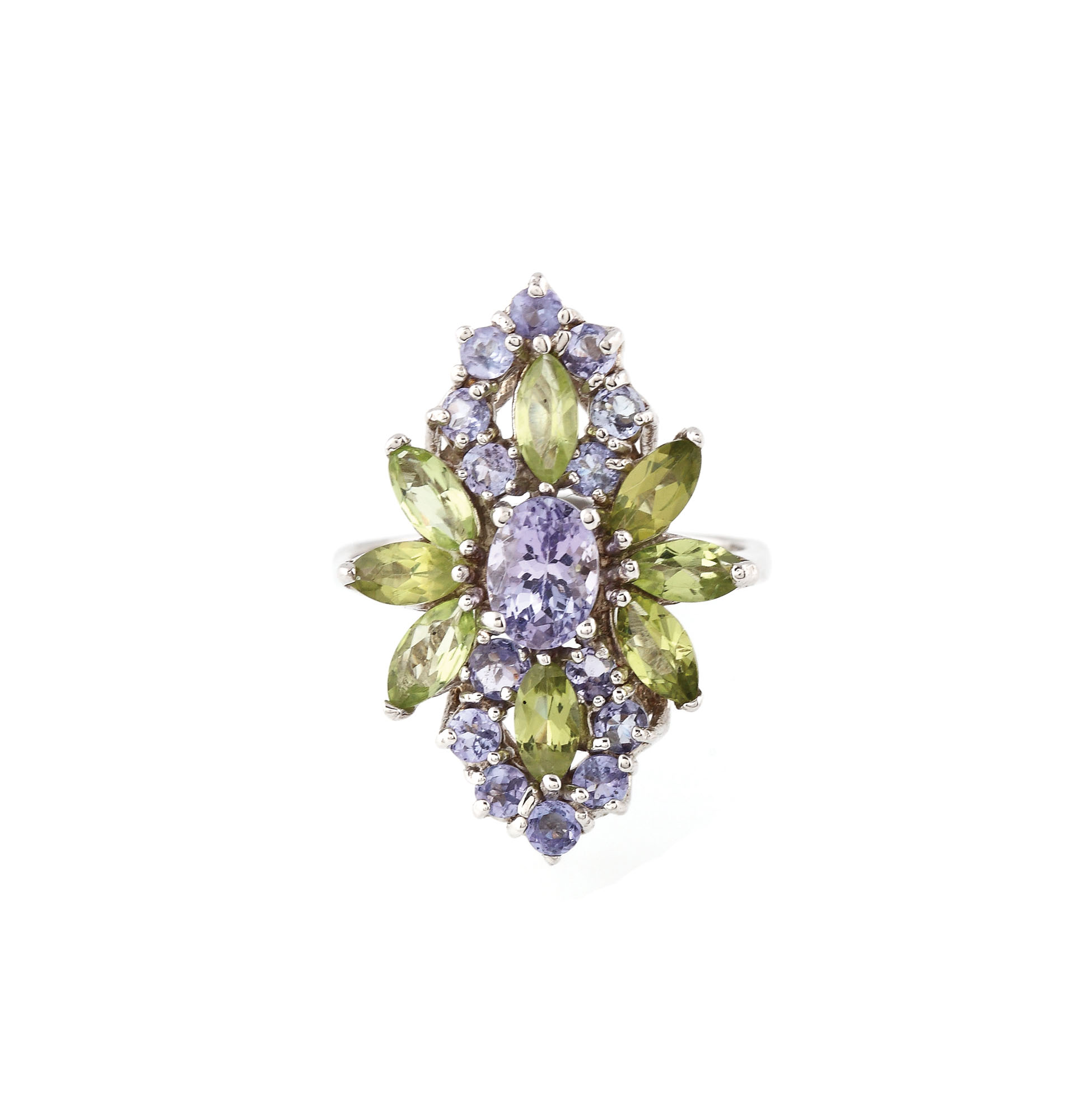 Inel din argint, decorat cu tanzanite şi peridote