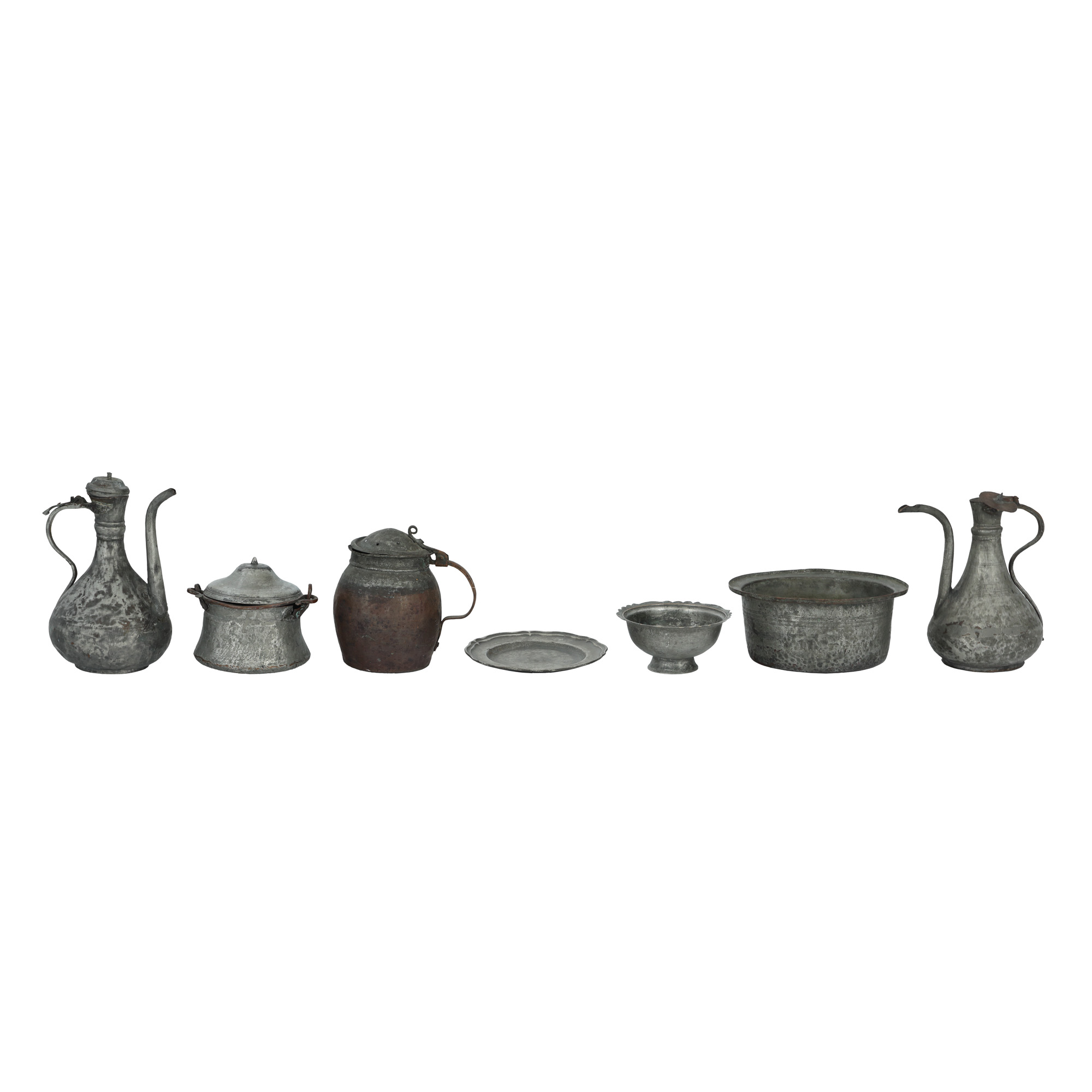 Lot consisting of six tinned vessels, Dobrogea, 19th century, originating from the collection of Prof. Costin Murgescu and filmmaker Ecaterina Oproiu