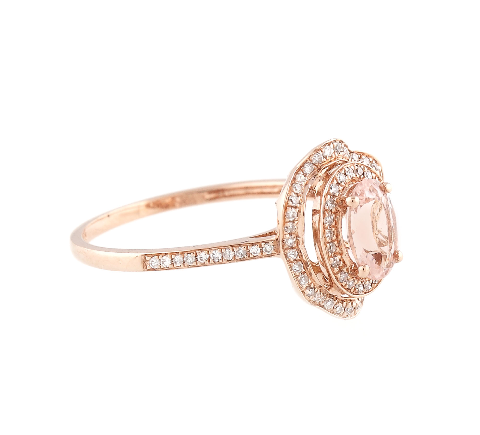 Rose gold ring decorated with morganite and a multitude of diamonds