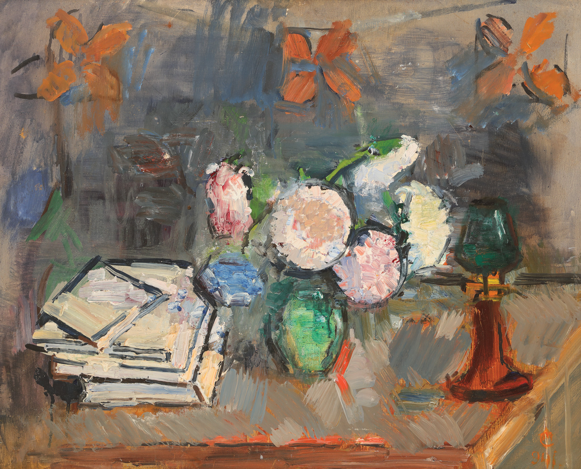 Still Life with Books and Chrysanthemums